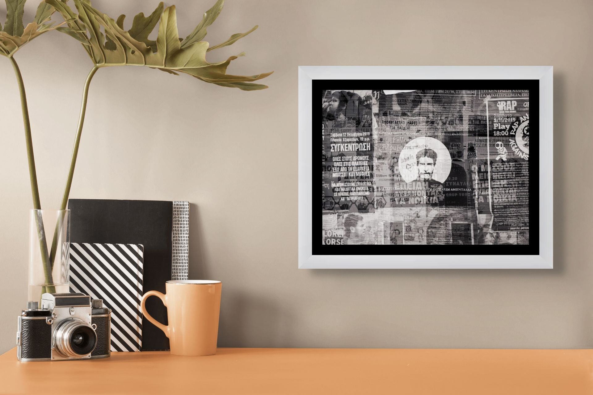 B&W Abstract triple exposure of poster covered walls in Athens, framed and printed on fine art Ilford photo paper.