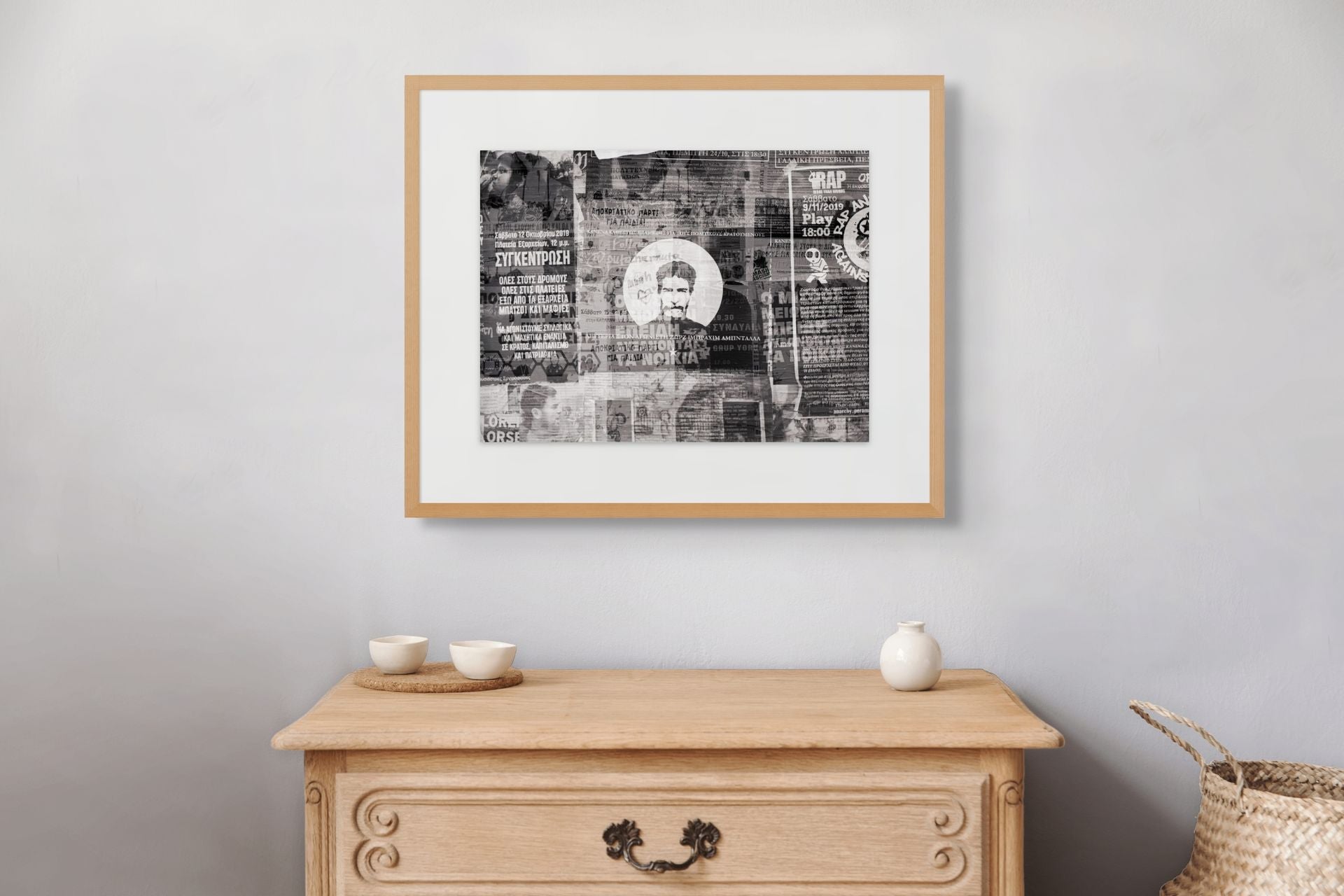 B&W Abstract triple exposure of poster covered walls in Athens, framed and printed on fine art Ilford photo paper.