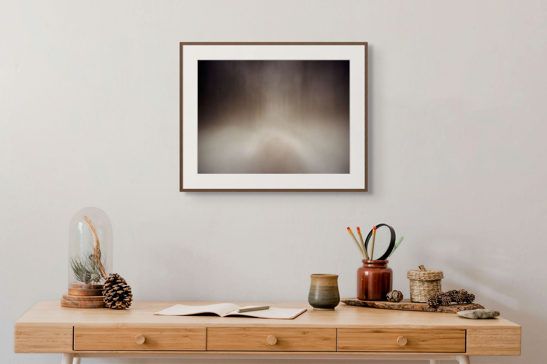 Hypnotizing fine art photograph of a long exposure taken at dusk in the woods. Framed and hung on the wall in a calming interior.