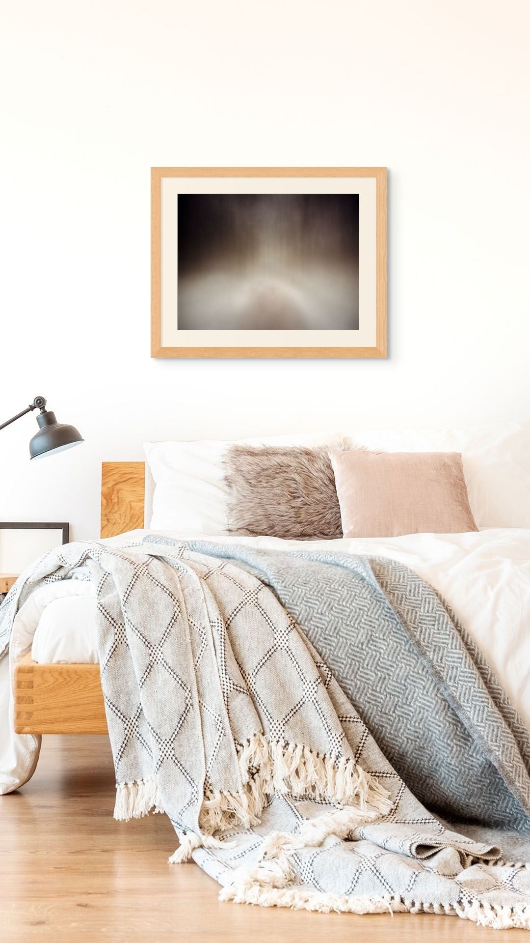 Hypnotizing fine art photograph of a long exposure taken at dusk in the woods. Framed and hung on the wall in a calming interior.