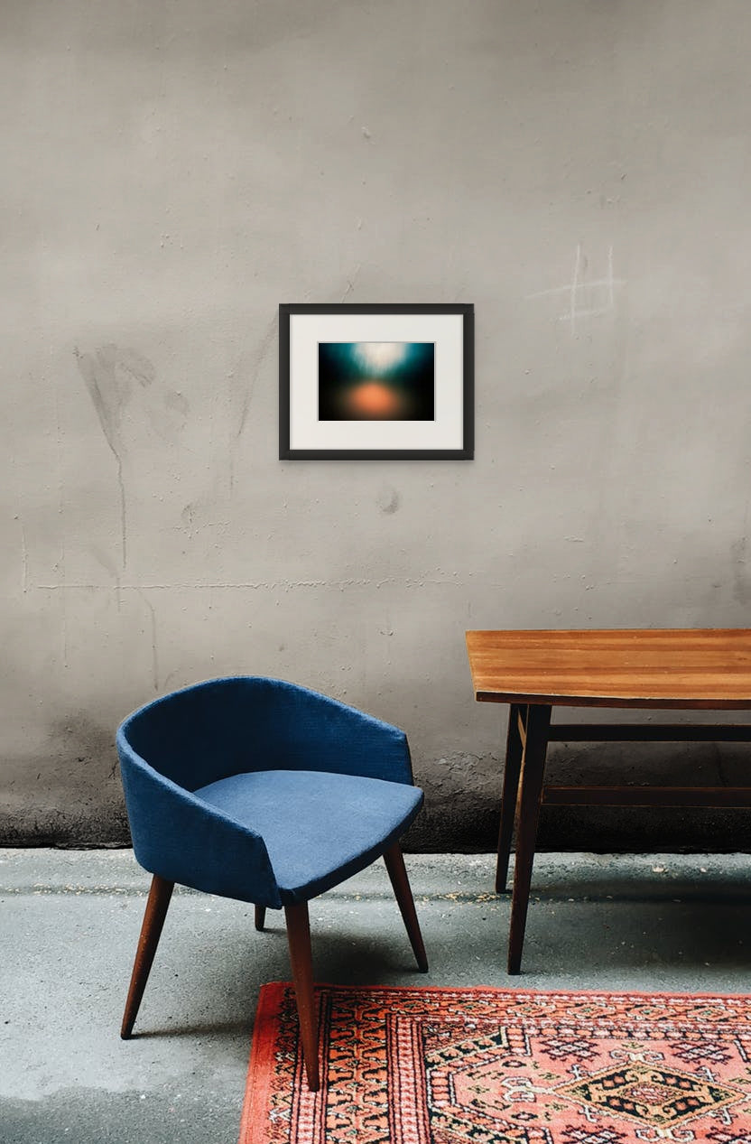 Cool abstract photo of a rainy forest printed on fine art giclee paper. Framed and hanging in a classic space.