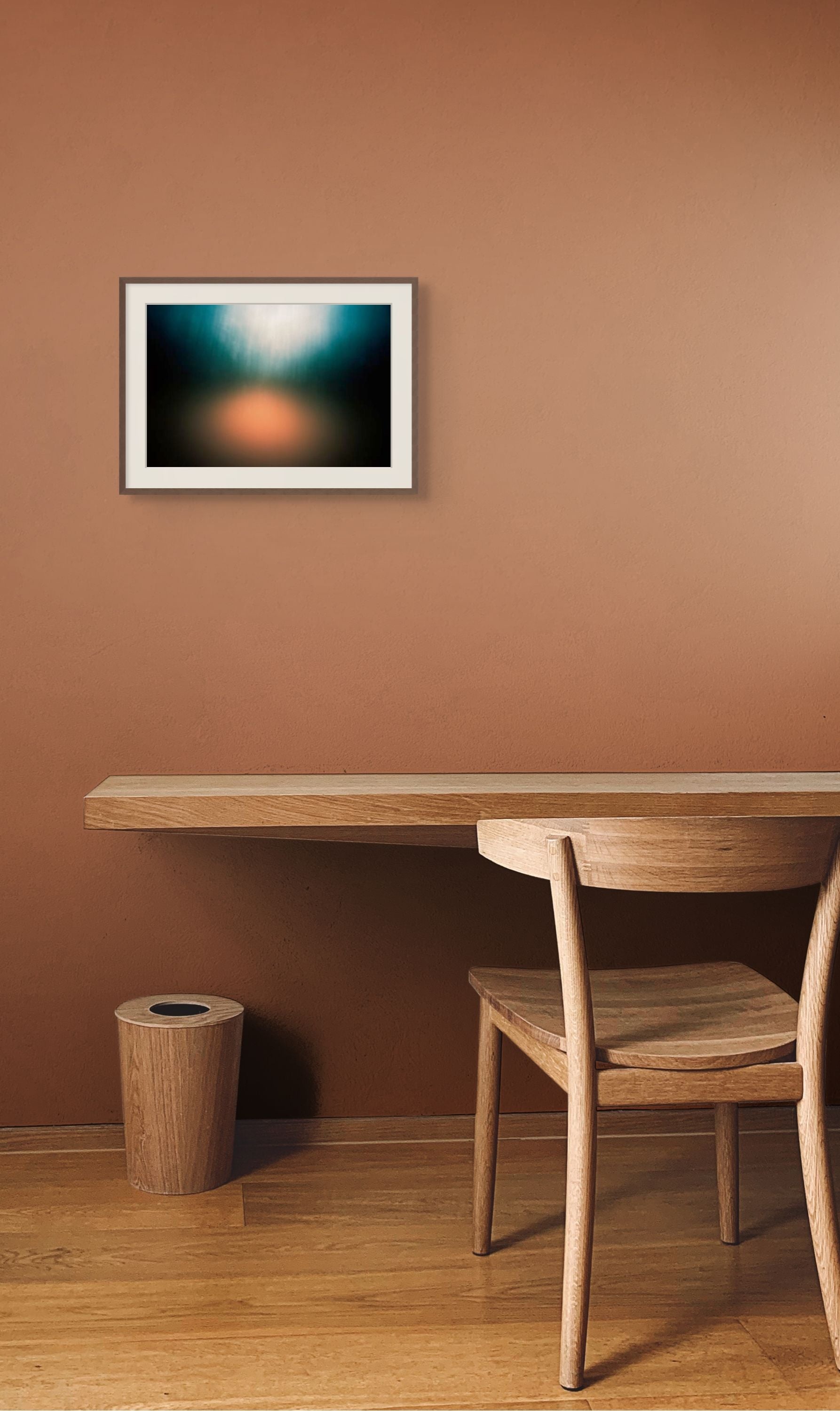 Cool abstract photo of a rainy forest printed on fine art giclee paper. Framed and hung in a minimalist office.