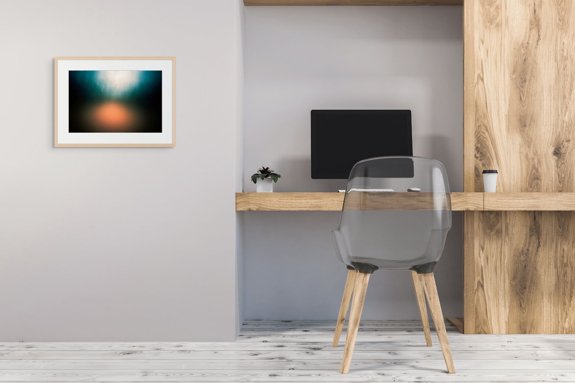 Cool abstract photo of a rainy forest printed on fine art giclee paper. Framed and hung outside a cool modern office.