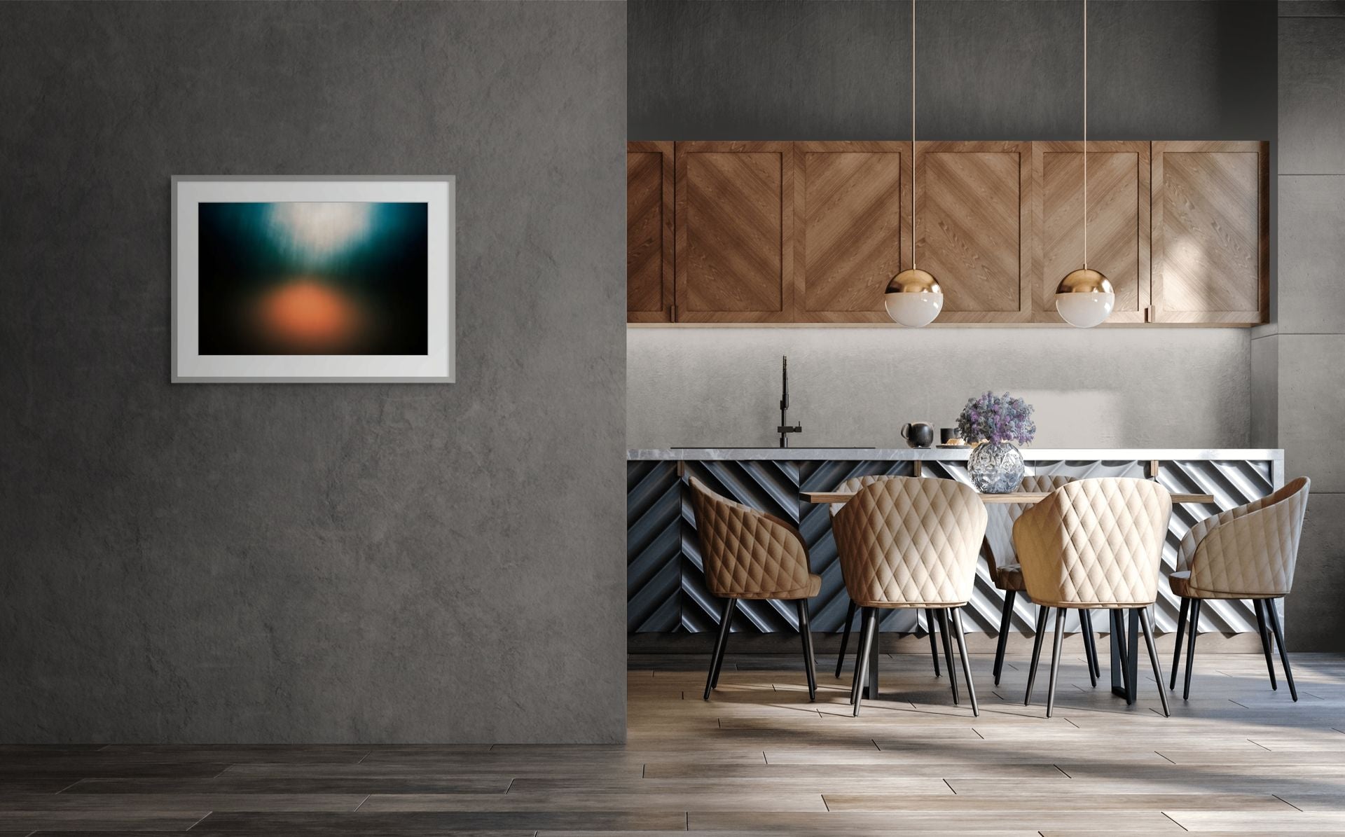 Cool abstract photo of a rainy forest printed on fine art giclee paper. Framed and hung outside a cool modern kitchen.