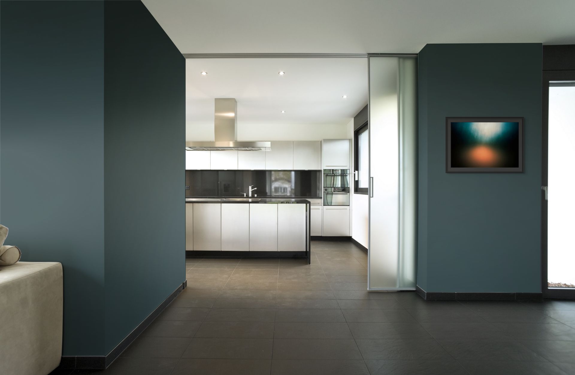 Cool abstract photo of a rainy forest printed on fine art giclee paper. Framed and hung outside a cool modern kitchen.