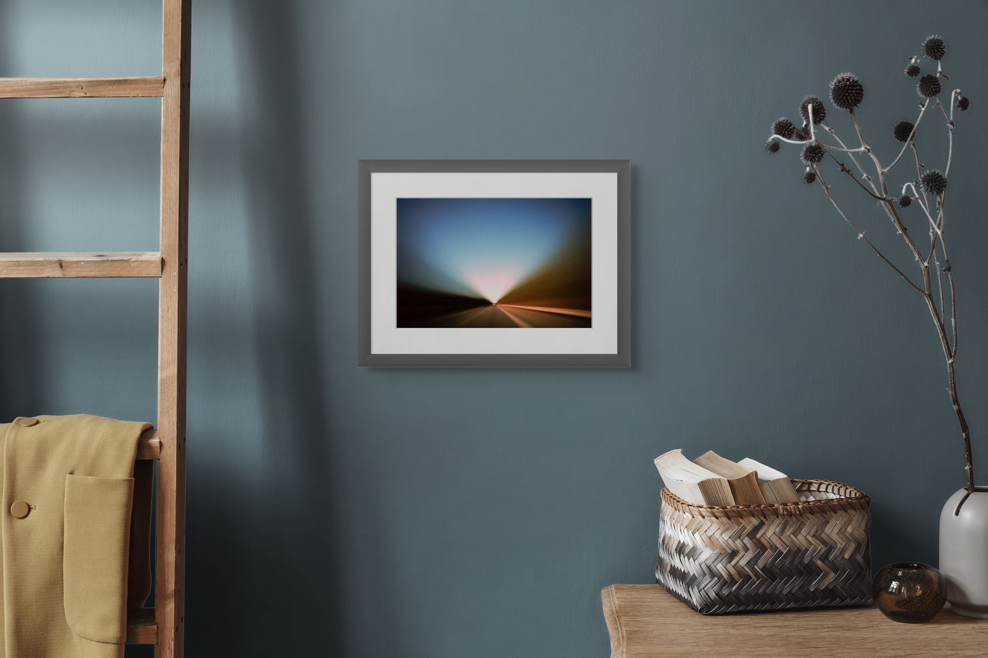 A framed fine art photo print on giclee paper hung on the wall of a modern design interior.