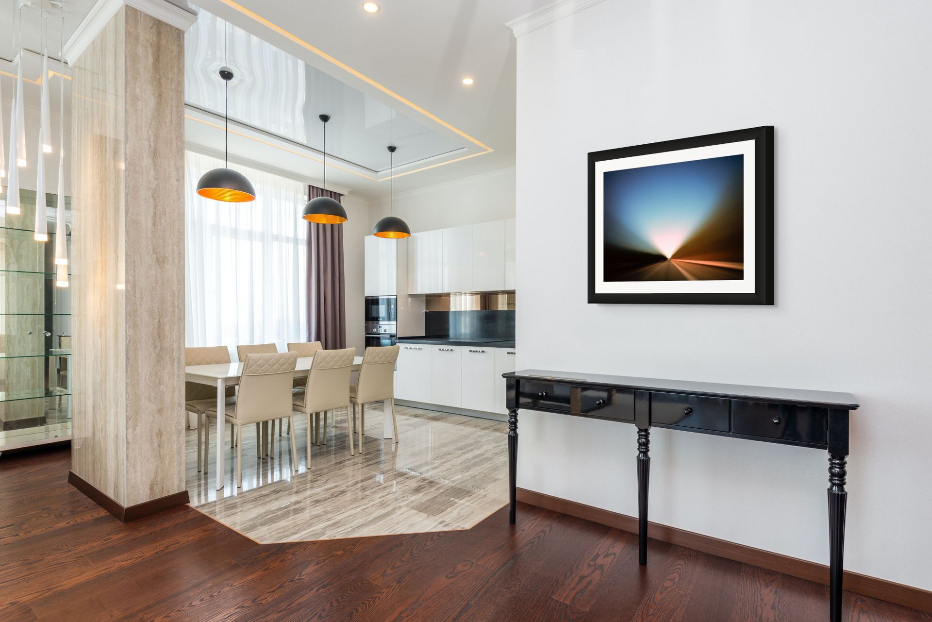 A framed fine art photo print on giclee paper hung on the wall of a modern design interior.
