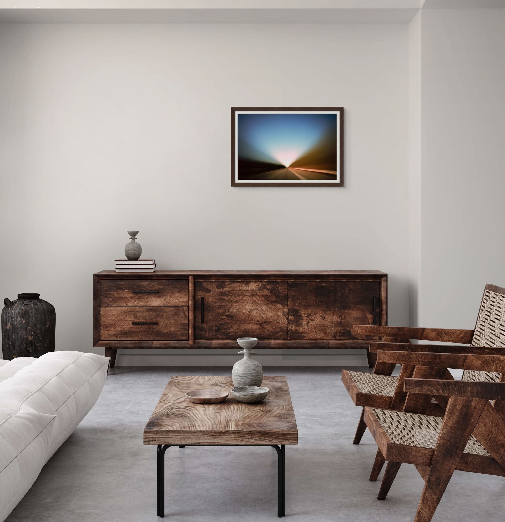 A framed fine art photo print on giclee paper hung on the wall of a modern design interior.