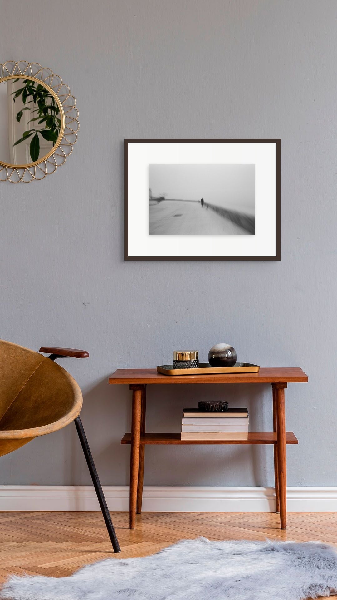 Interior design modern living room featuring a stylish black and white abstract photo.