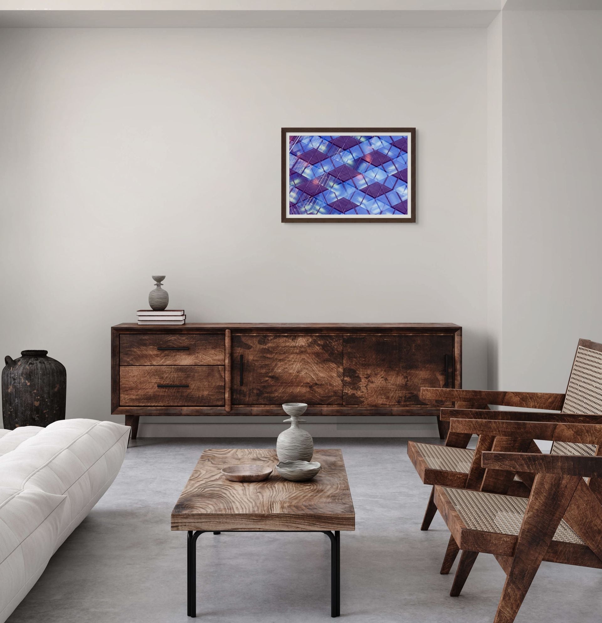 Abstract photo of an office building in Oslo, Norway. It's hanging on the wall of a small hotel office.