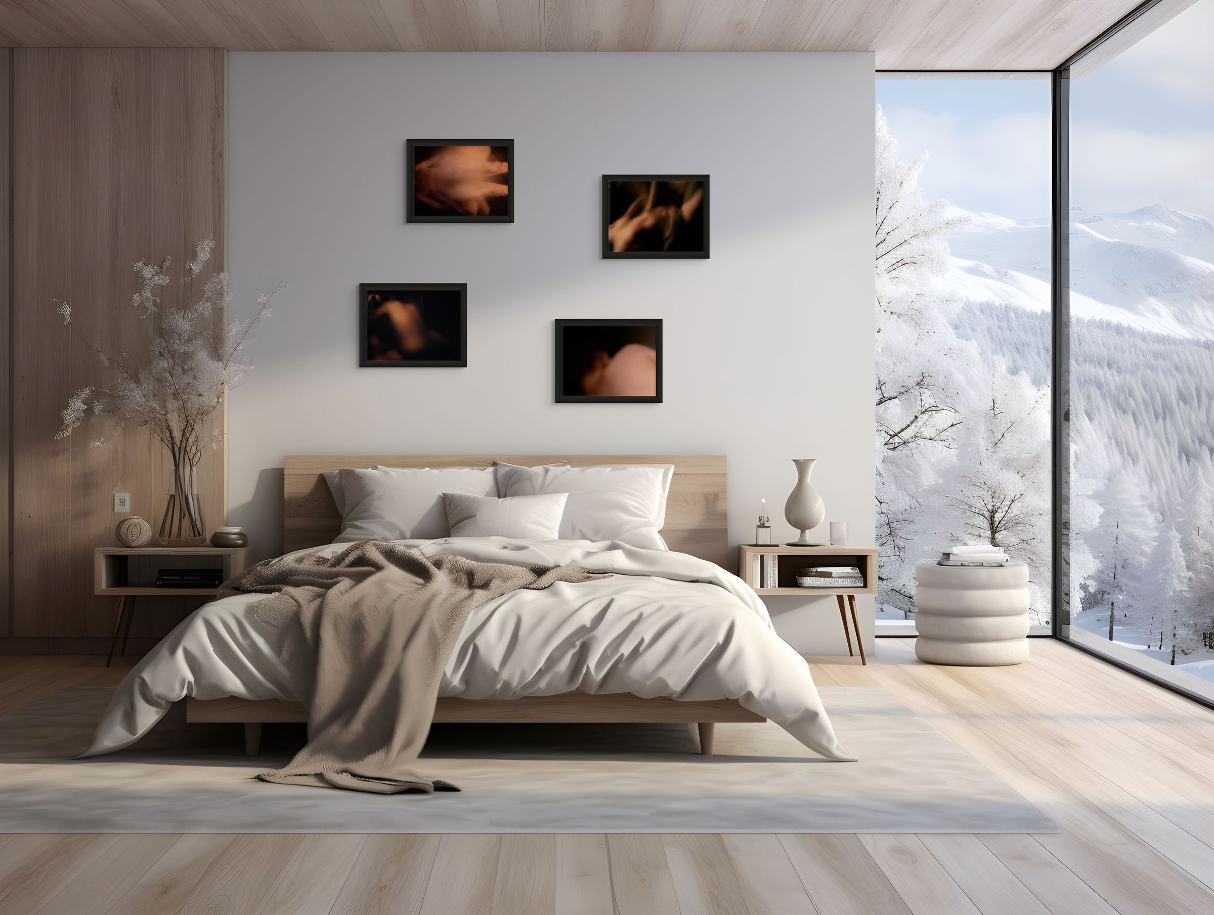 A fine art photo print of a body in the dark, hanging on the wall of a bedroom.