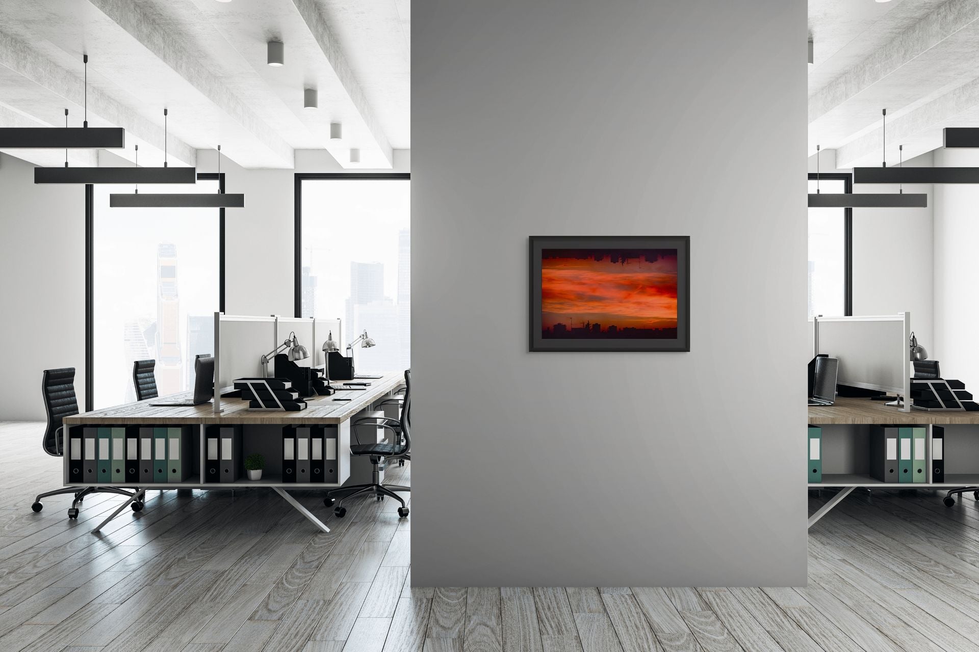 An Abstract, framed, fine art print photograph of an Athens sky at sunset.