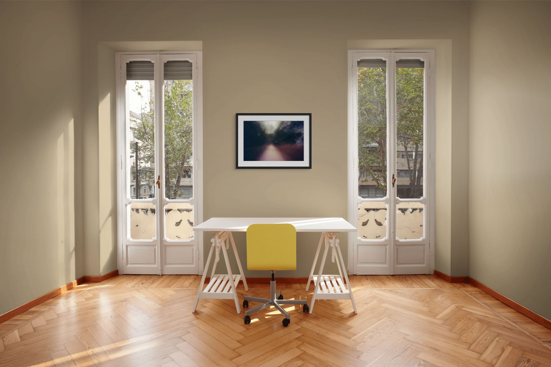 An abstract fine art photo of a blurry path in Athens, Greece, framed and hanging on the wall of a modern interior.