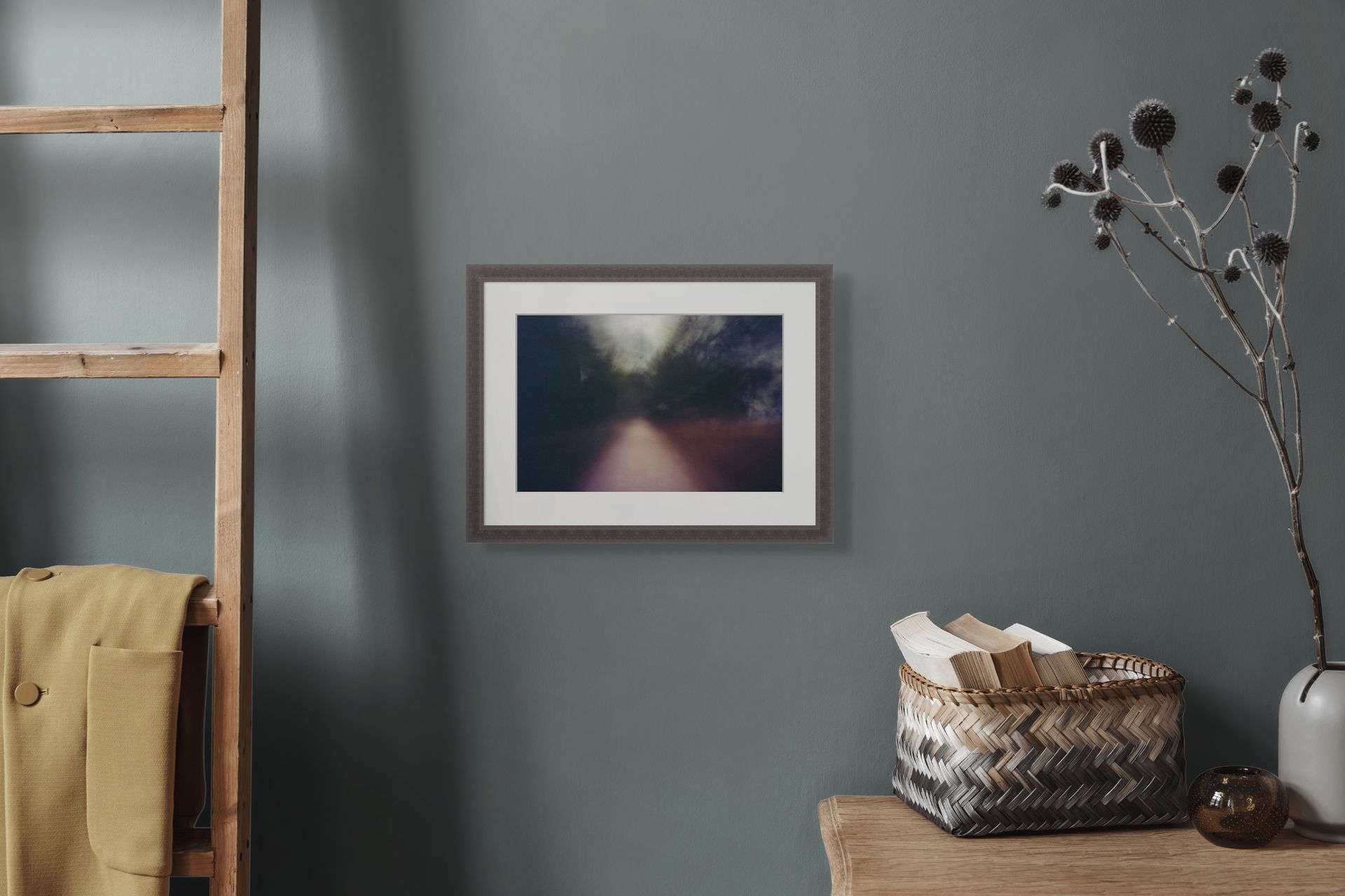 An abstract fine art photo of a blurry path in Athens, Greece, framed and hanging on the wall of a modern interior.