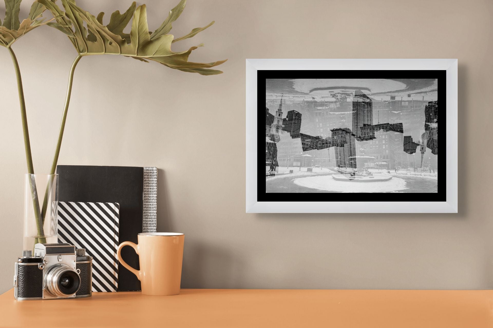Cool, modern black and white photo print in an office setting.