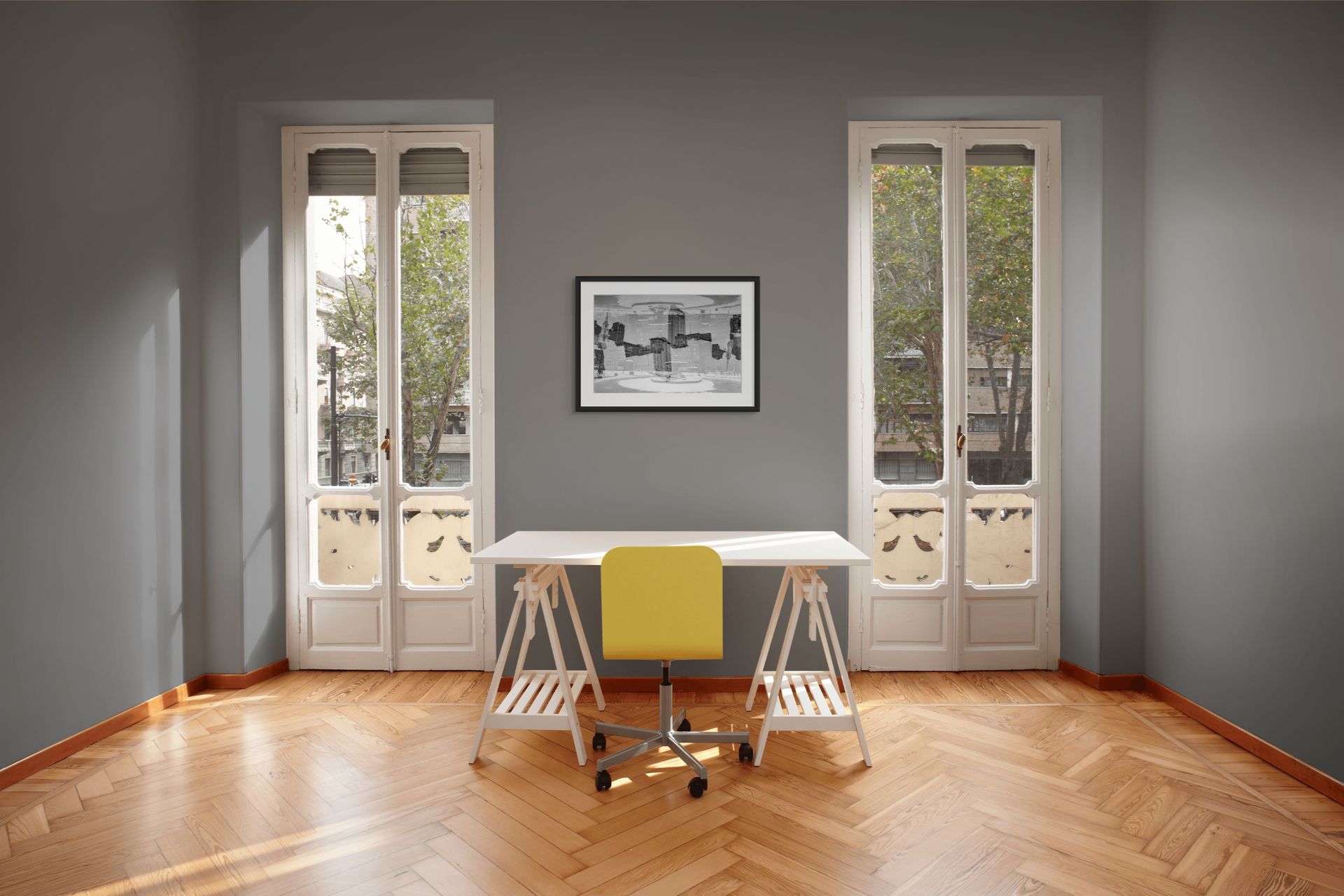 Cool, modern black and white photo print in an office setting.