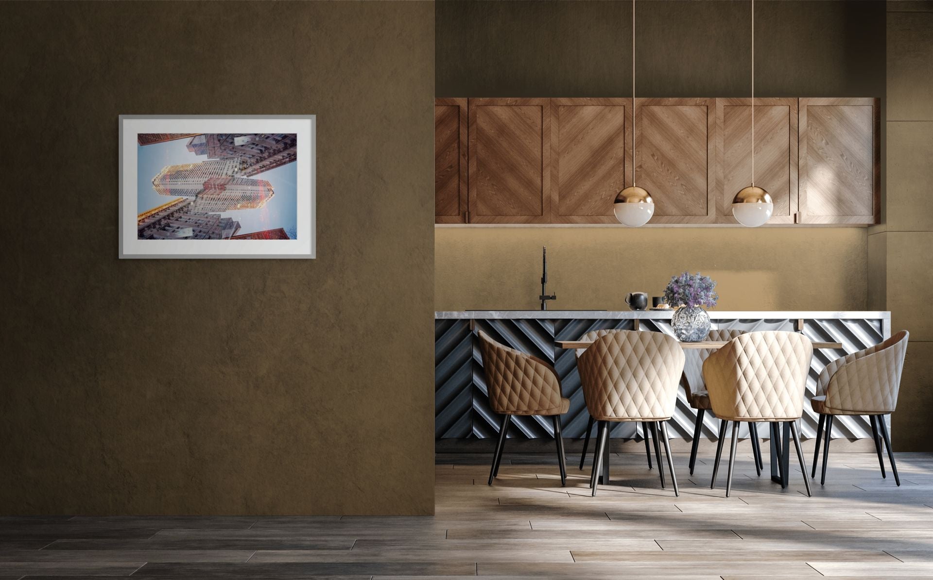 Abstract fine art photo print hanging outside a modern kitchen interior.