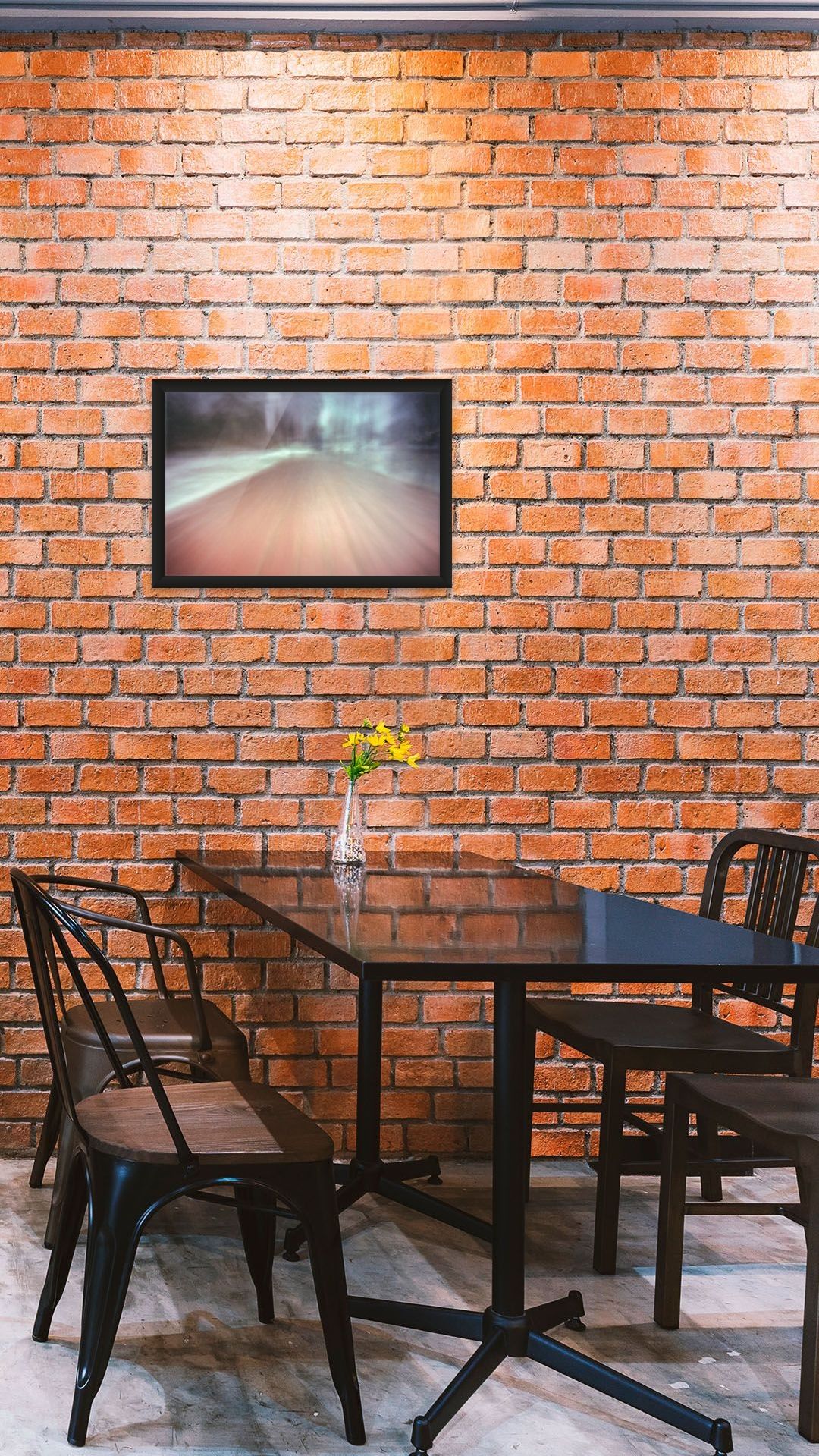 Fine art print on giclee paper of an abstract scene, hung on a wall of a cafe interior.