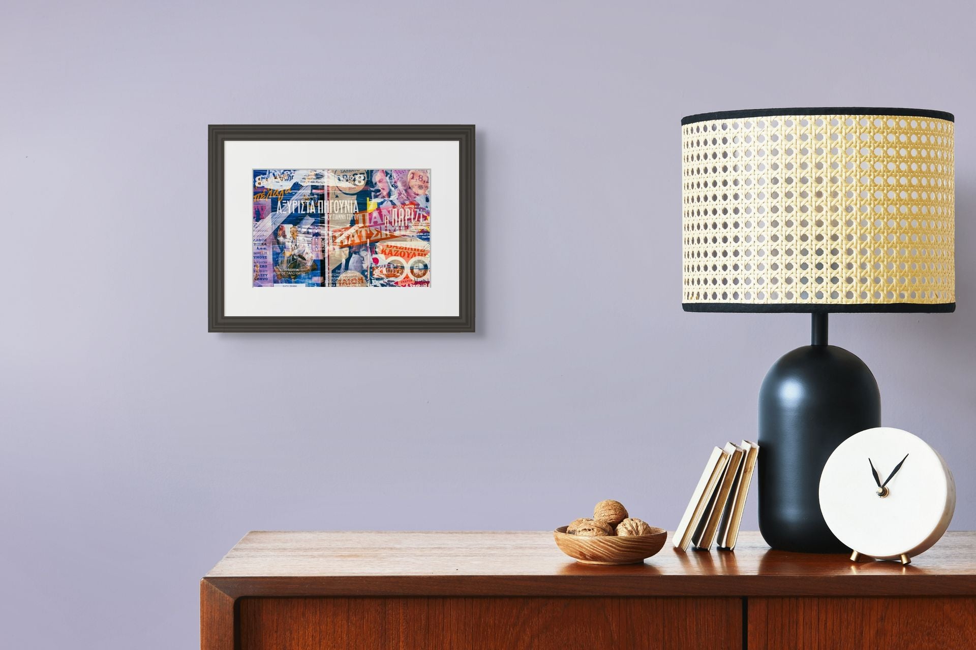 A cool, colorful triple exposure fine art photo print, framed and hung on the wall.