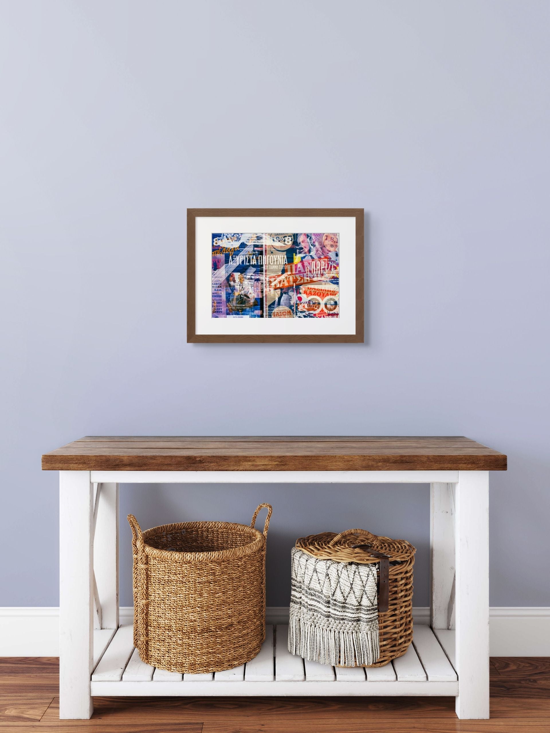 A cool, colorful triple exposure fine art photo print, framed and hung on the wall.