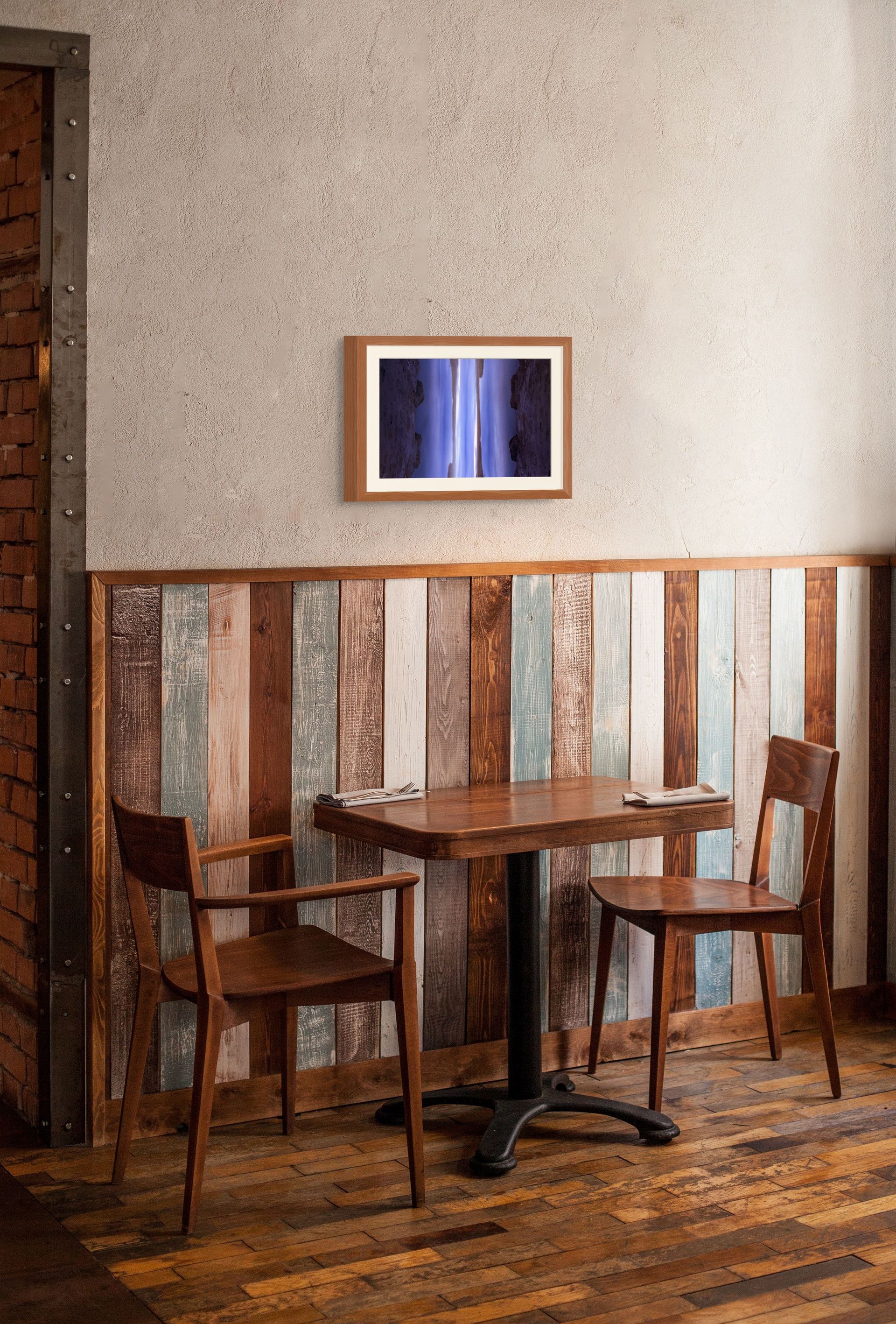 Abstract fine art photo nature scene, framed and printed on giclee paper, hung on the wall of a rustic interior design.