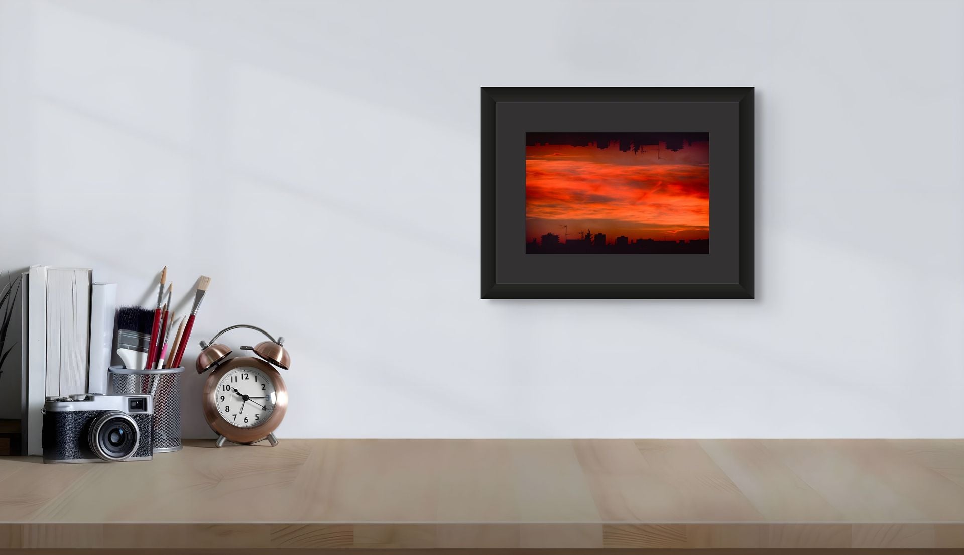 An Abstract, framed, fine art print photograph of an Athens sky at sunset.