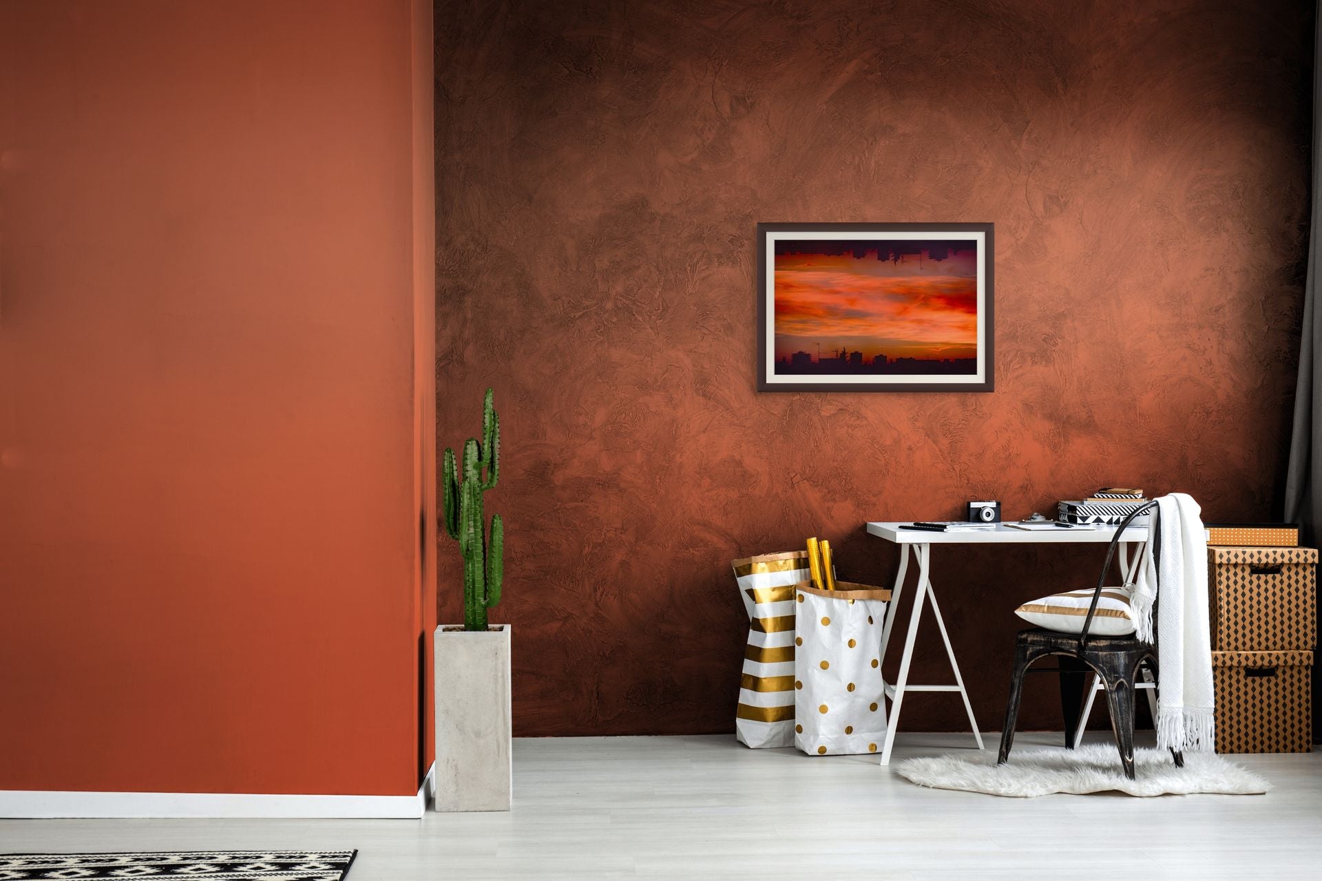 An Abstract, framed, fine art print photograph of an Athens sky at sunset.