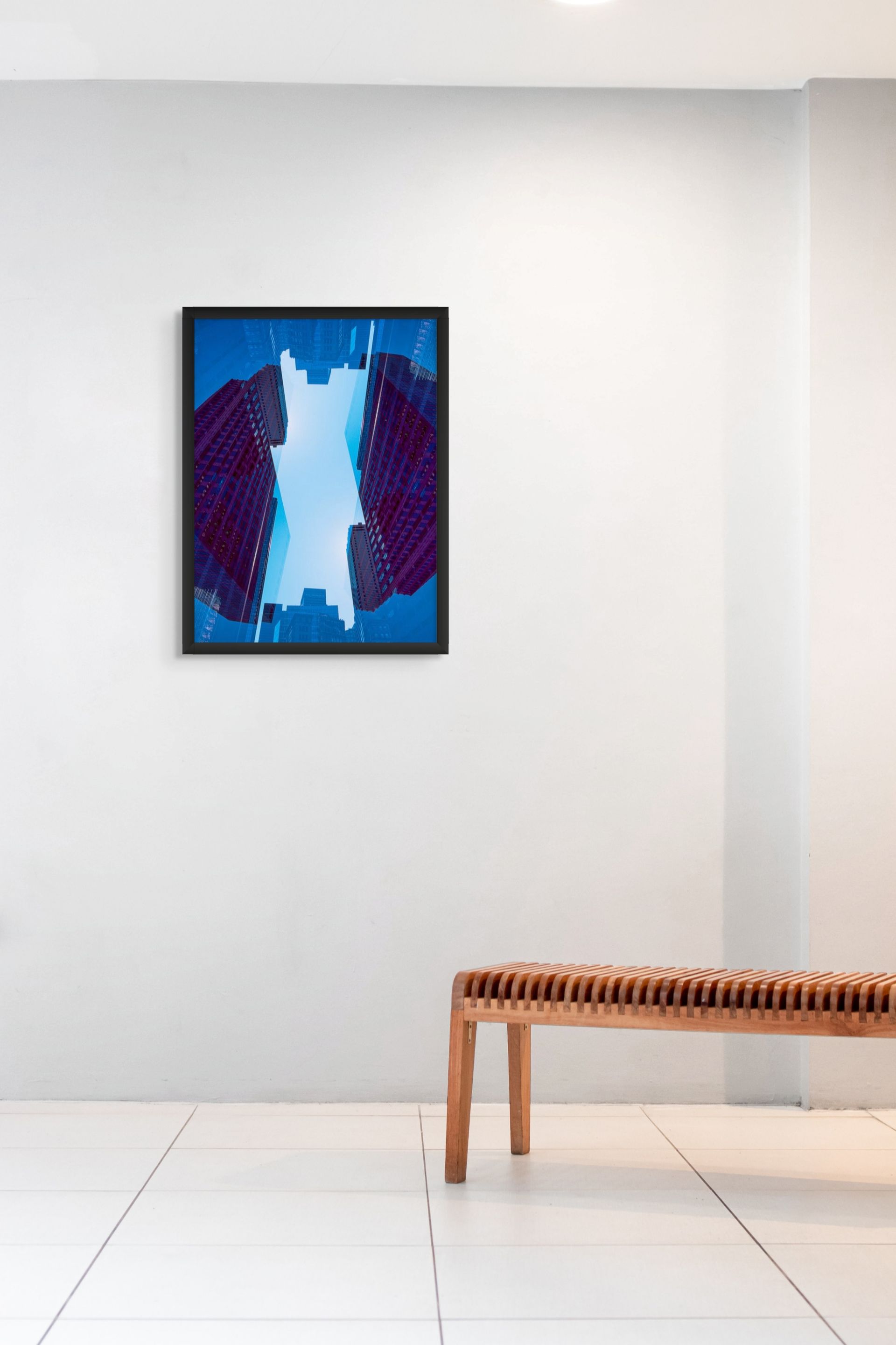 Beautiful blue abstract photo designed to work well in many interiors. It hangs on the wall of a gallery space.