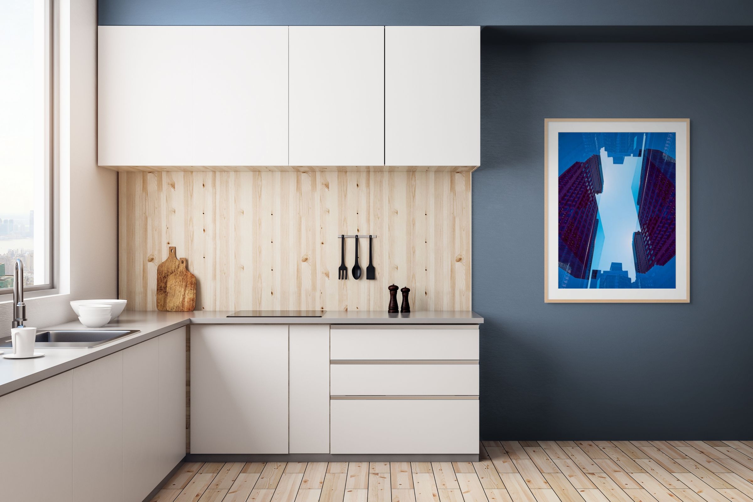 Beautiful blue abstract photo designed to work well in many interiors. It hangs on the wall of a kitchen interior.