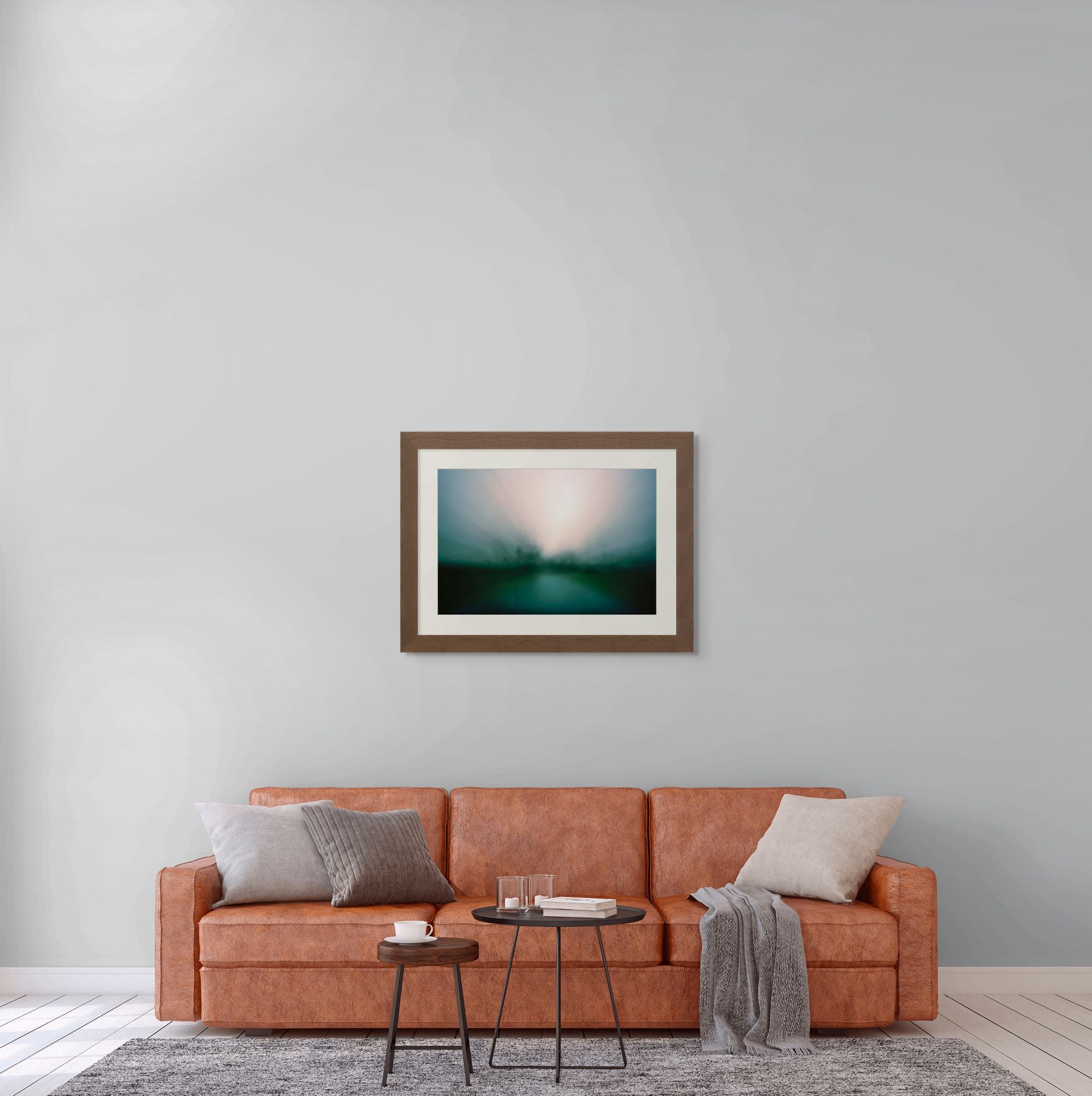 Modern, abstract photography framed and hung on the wall, in a beautifully designed office interior.