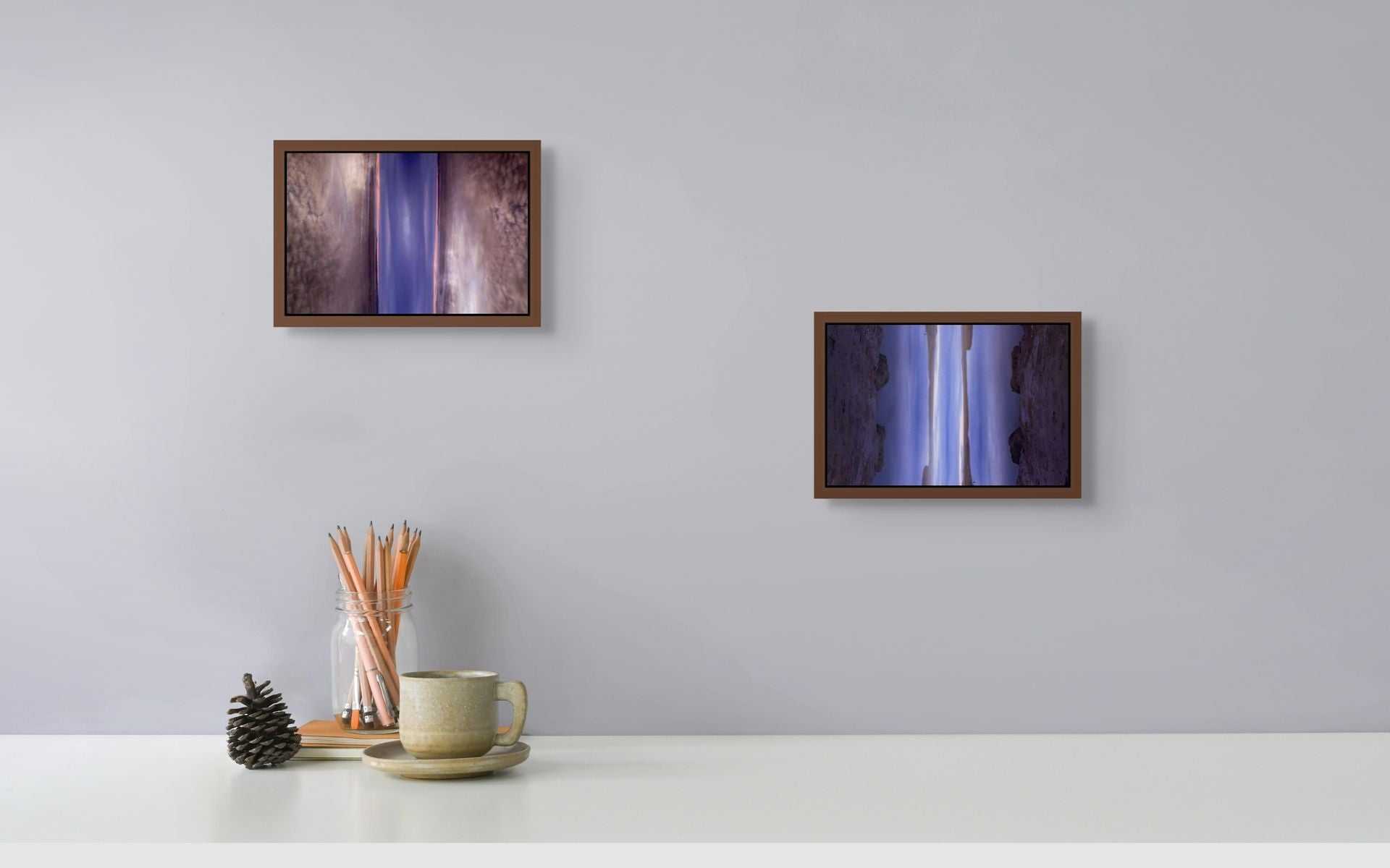 Abstract fine art photograph of a double exposure of a sky with clouds, framed and hung on the wall to complement the decor.