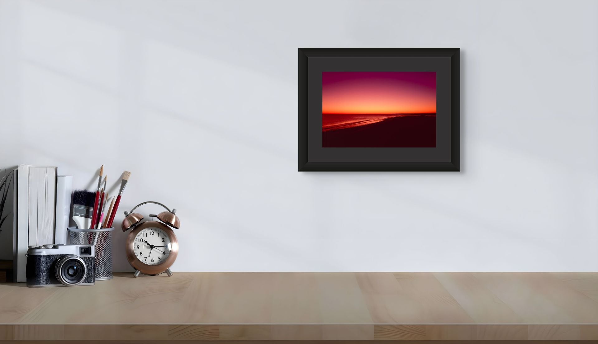 Fine art framed photograph of sunrise, with stunning colors perfect for decorating an interior space with a splash of vibrancy.