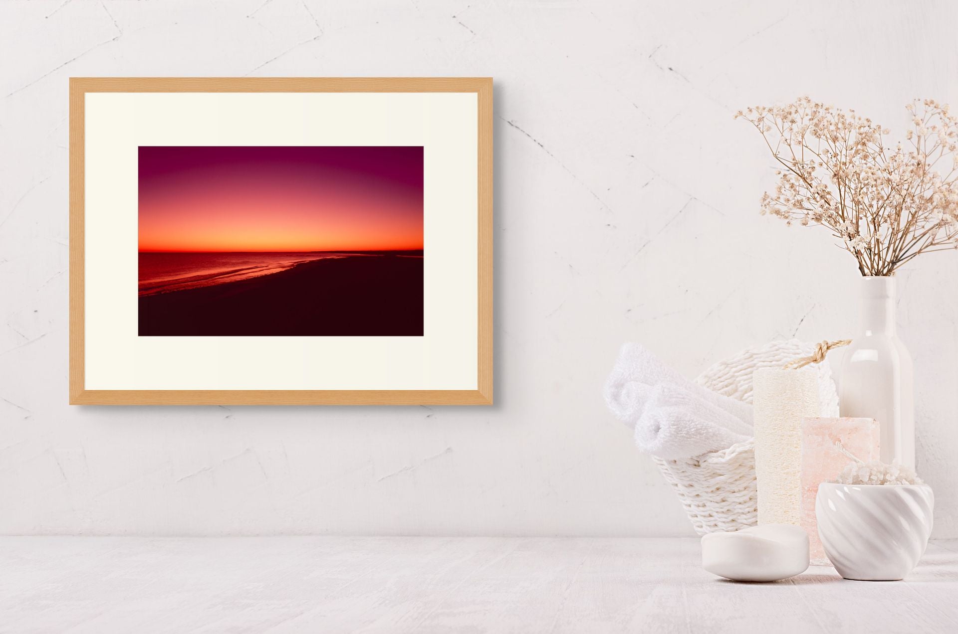 Fine art framed photograph of sunrise, with stunning colors perfect for decorating an interior space with a splash of vibrancy.