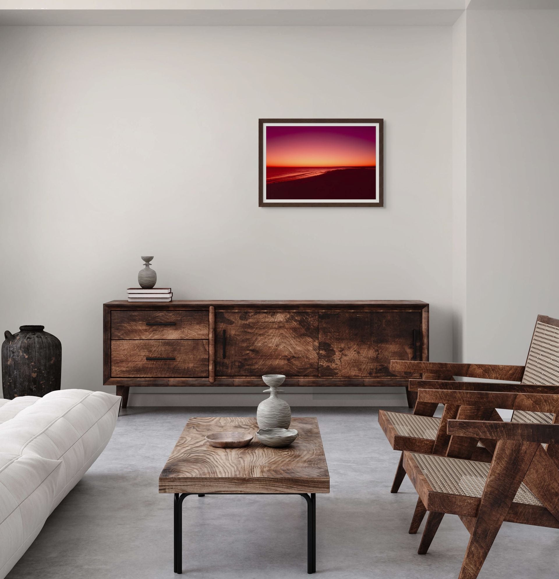 Fine art framed photograph of sunrise, with stunning colors perfect for decorating an interior space with a splash of vibrancy.