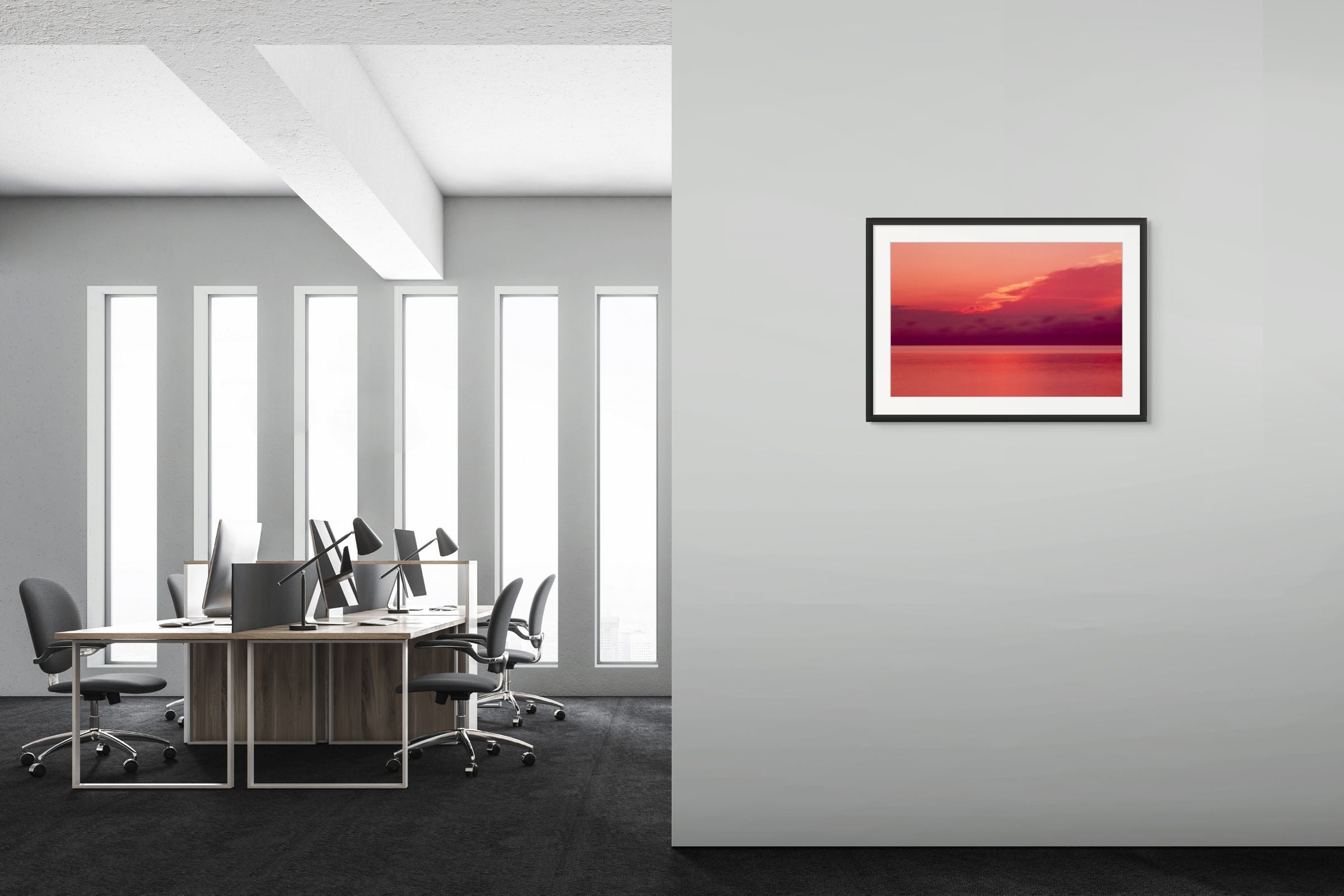 Beautiful pink and yellow sunrise depicted in a framed, fine art print photograph