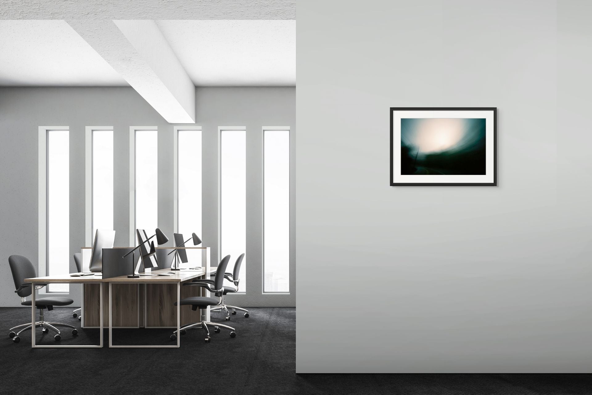 Green and black abstract photo of a road at dusk, framed and printed on high quality giclee paper in a perfectly designed room.