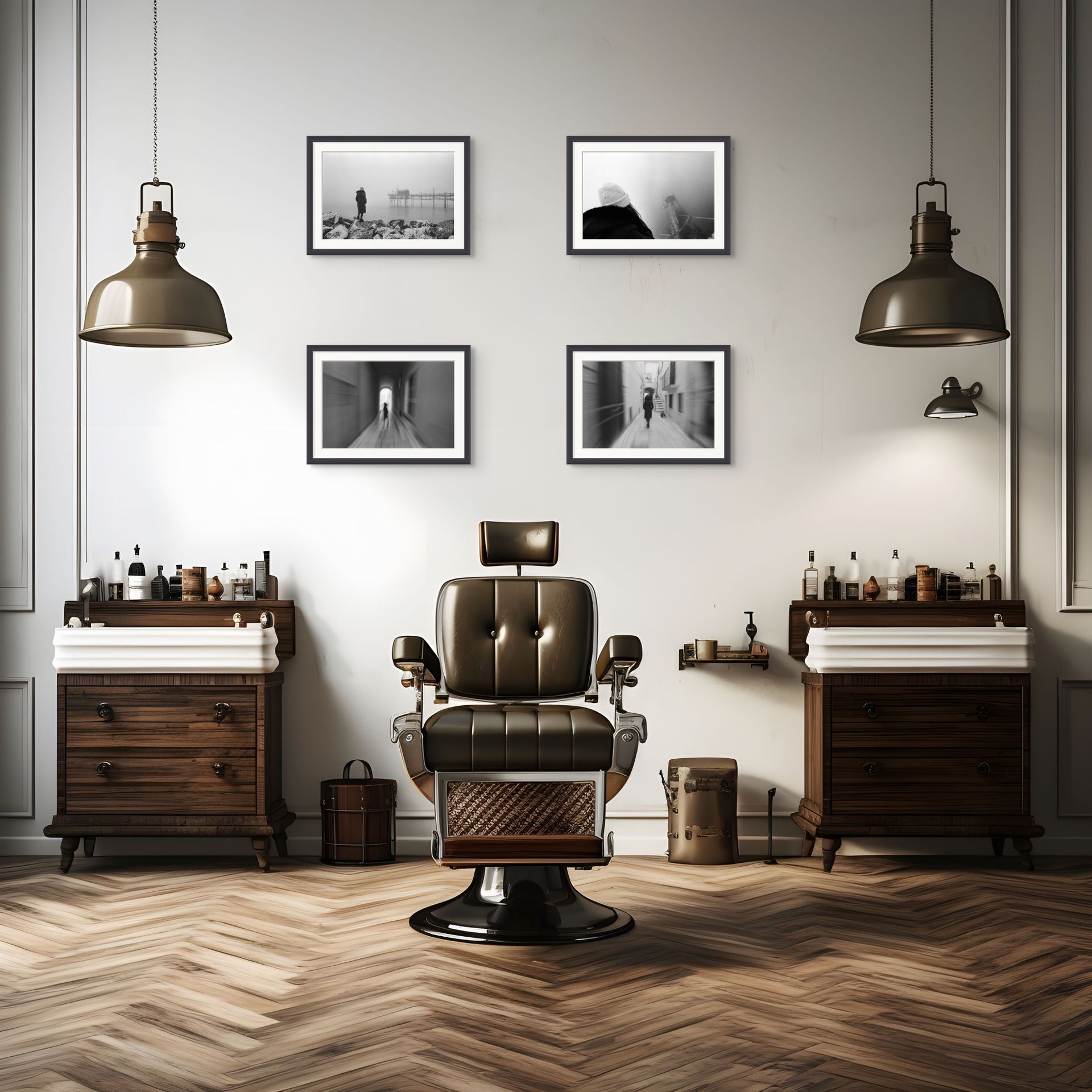 A fine art black and white photo print, framed and hanging on the wall of a barbershop interior.