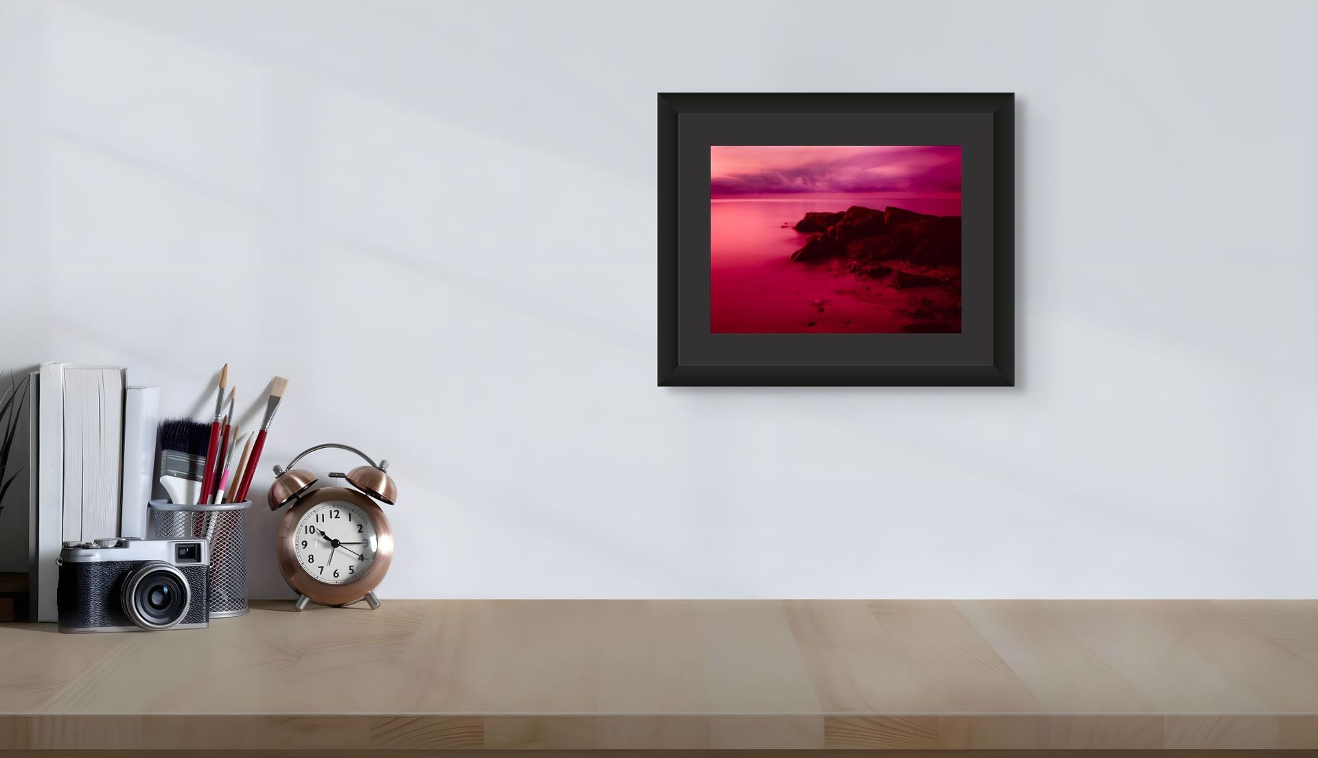Framed Fine art print of a sunrise over cape cod with vibrant pinks and purples, perfect to add a splash of color to a beautifully designed room.