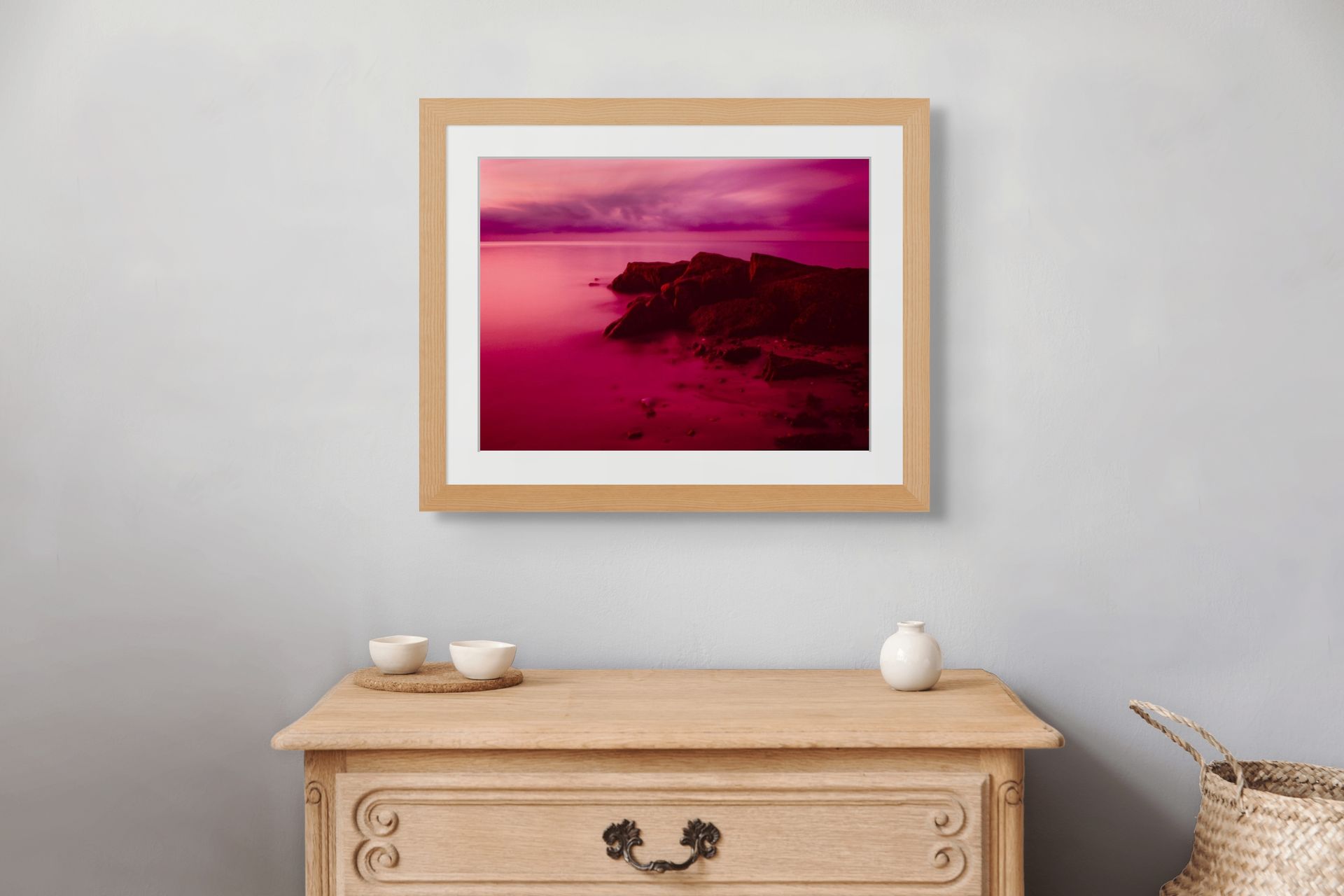 Framed Fine art print of a sunrise over cape cod with vibrant pinks and purples, perfect to add a splash of color to a beautifully designed room.