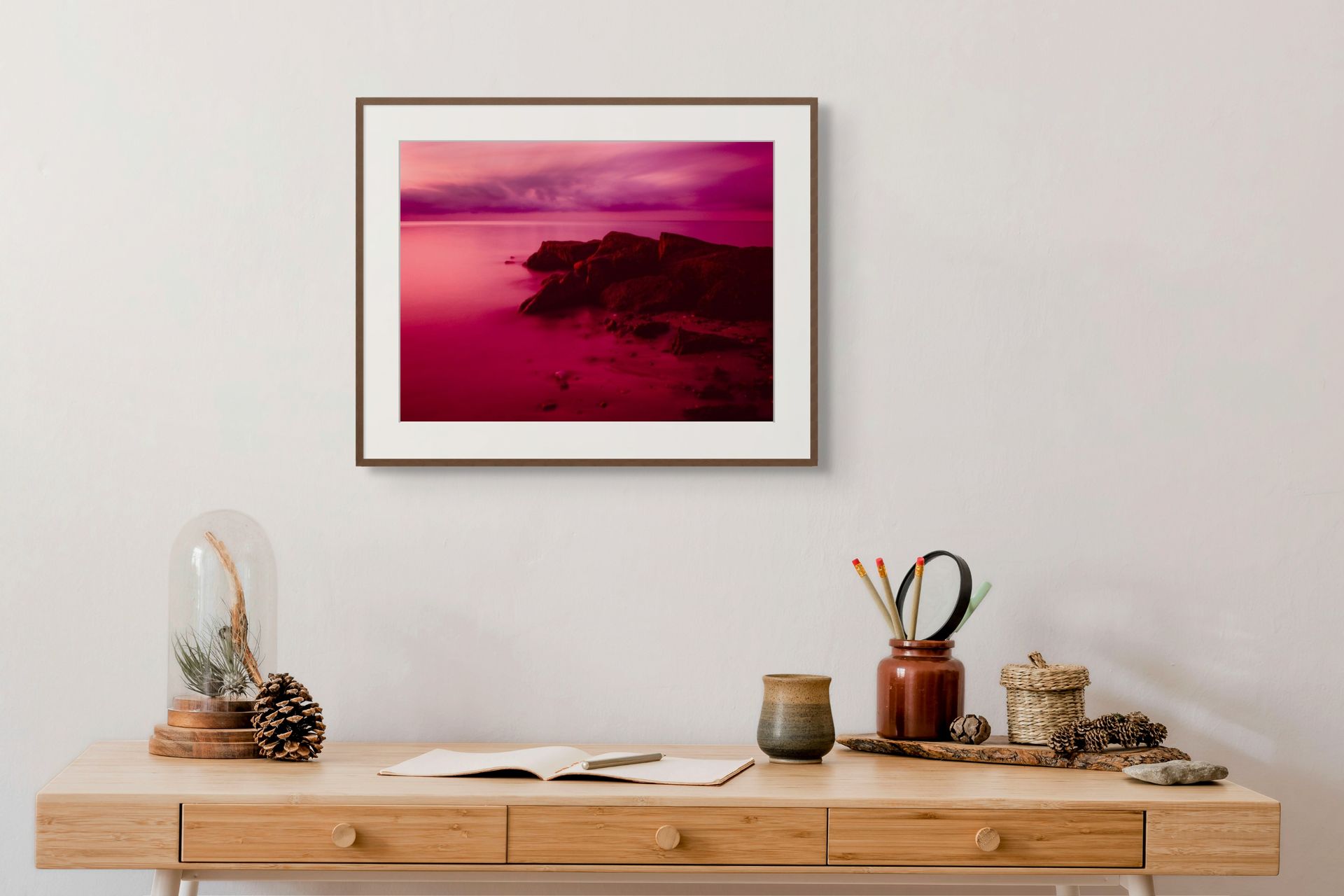 Framed Fine art print of a sunrise over cape cod with vibrant pinks and purples, perfect to add a splash of color to a beautifully designed room.