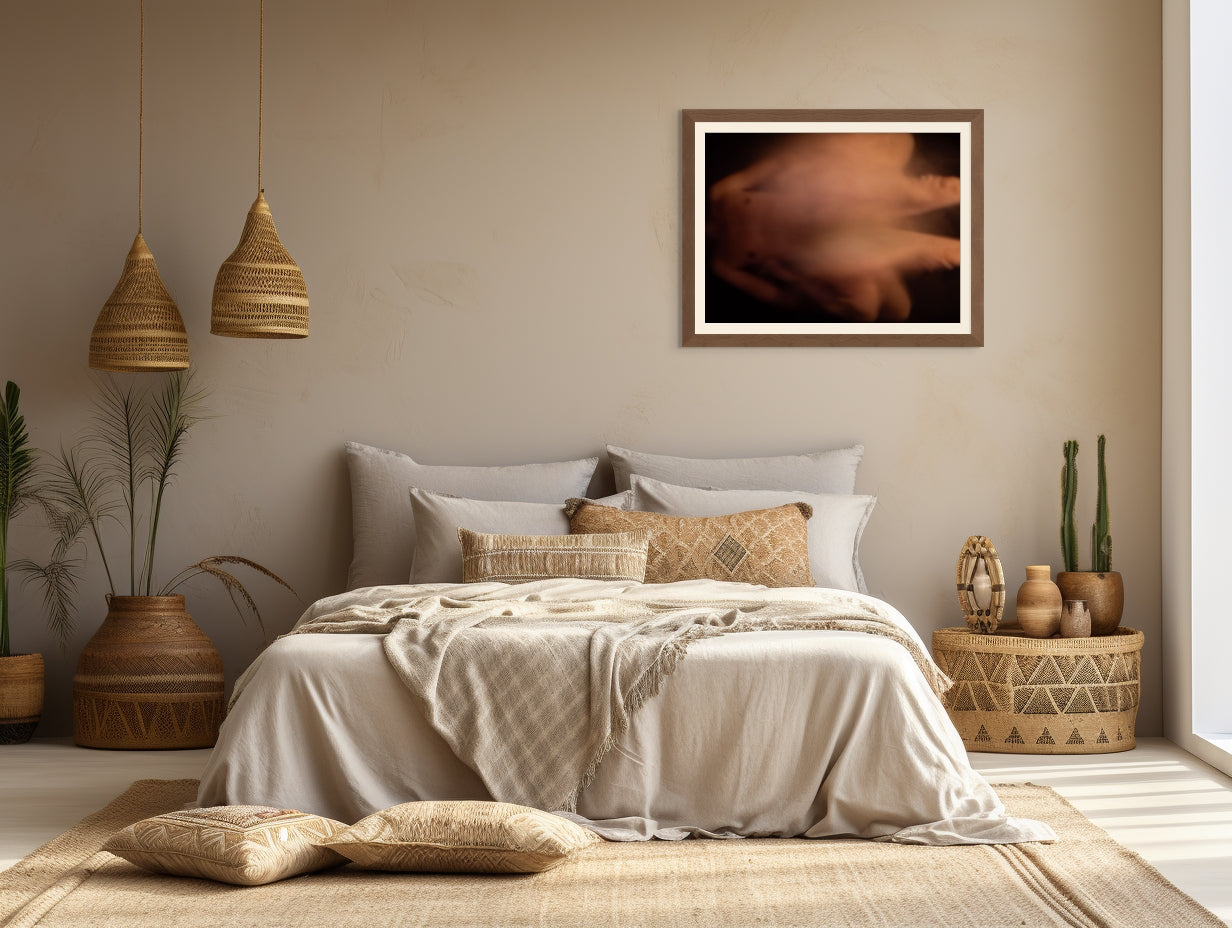 Impressionistic photo of sex in the abstract, printed on fine art giclee paper and hanging on a wall of a bedroom.