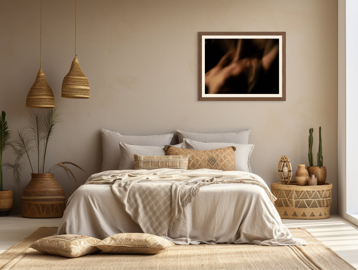 Abstract photo long exposure hanging on the wall of a bedroom.