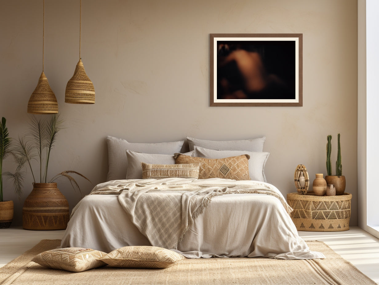 Printed on fine art paper, an abstract photo hangs on the wall of a modern bedroom.