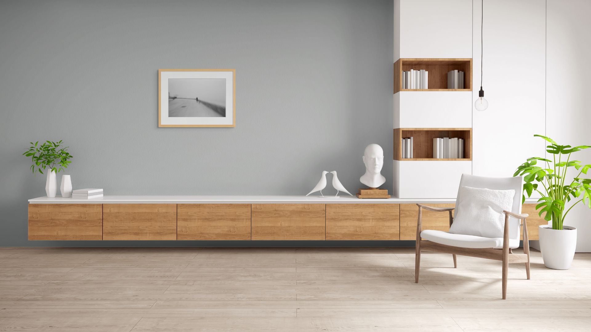 Interior design modern living room featuring a stylish black and white abstract photo.