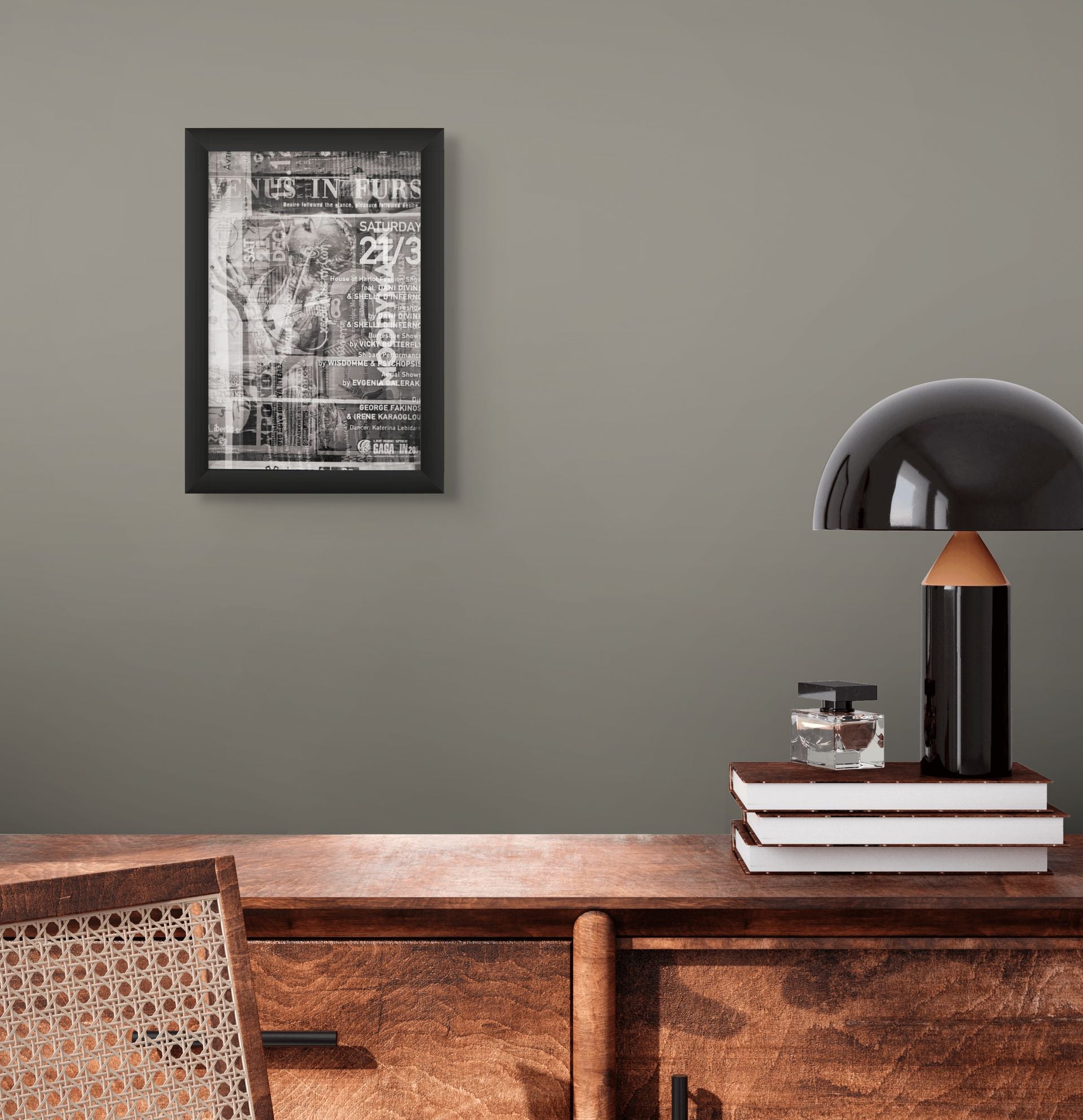 Abstract fine art photo print in black and white, hanging on the wall of an office.