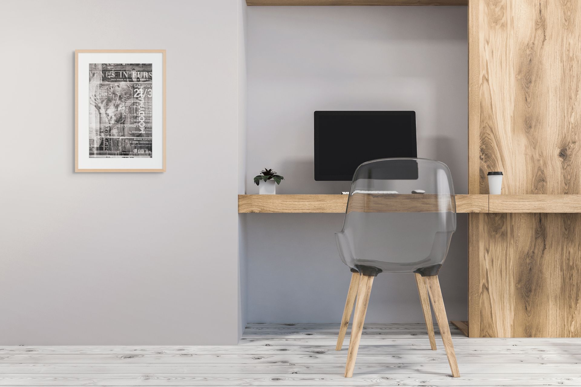 Abstract fine art photo print in black and white, hanging on the wall of an office.