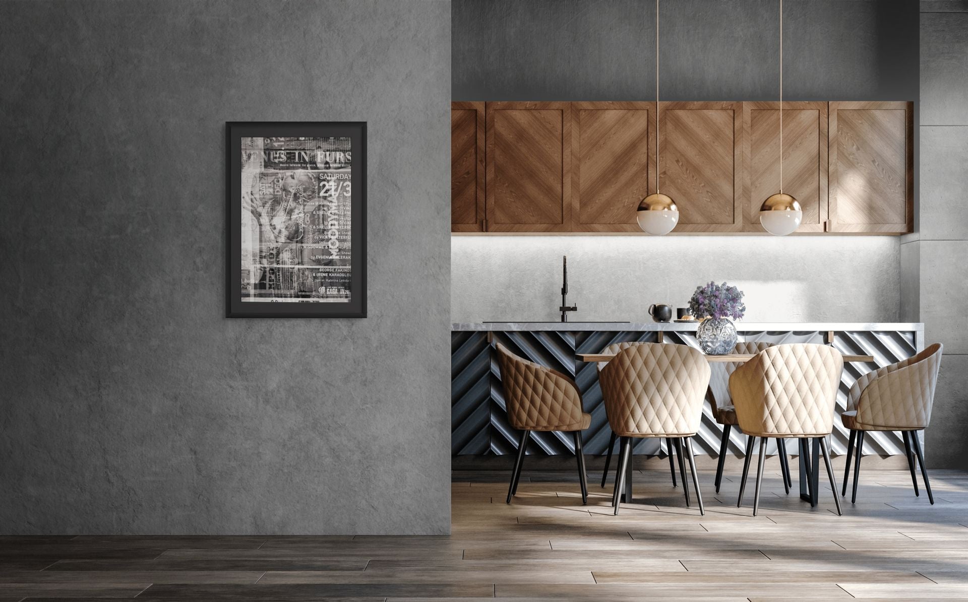 Abstract fine art photo print in black and white, hanging on the wall of a kitchen.