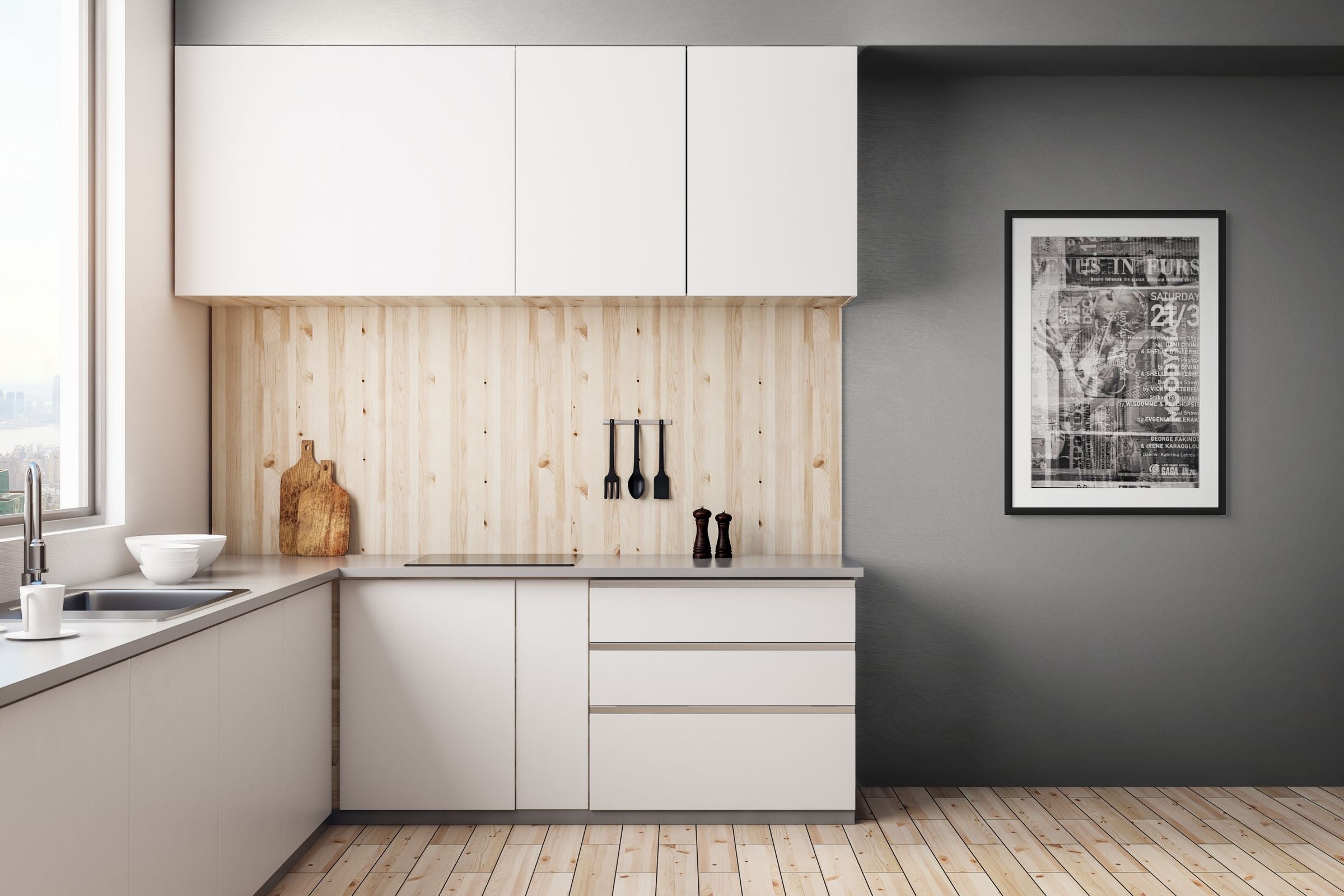 Abstract fine art photo print in black and white, hanging on the wall of a kitchen.