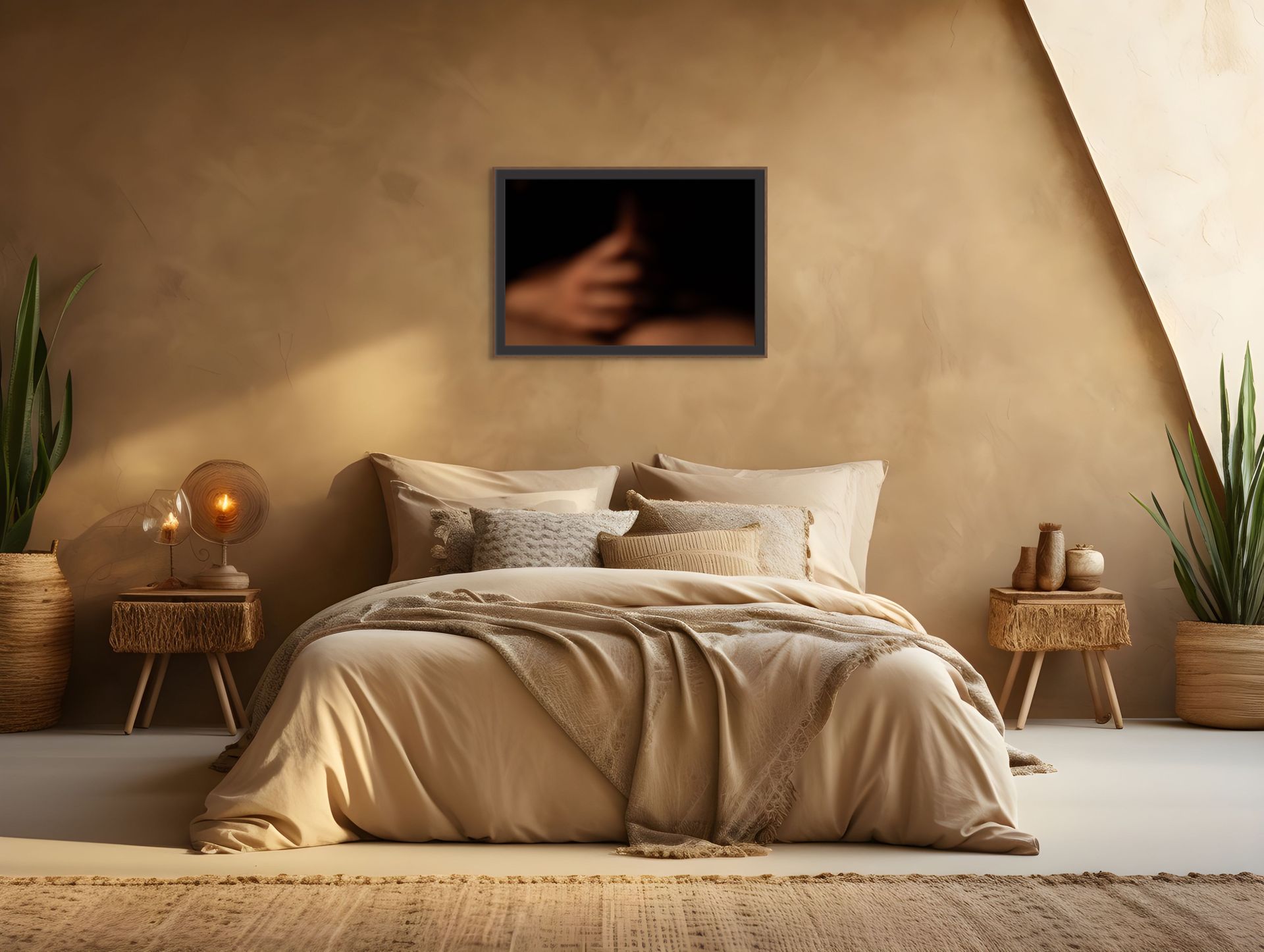 A print of an abstract photo, framed in black and hanging in a modern natural bedroom.